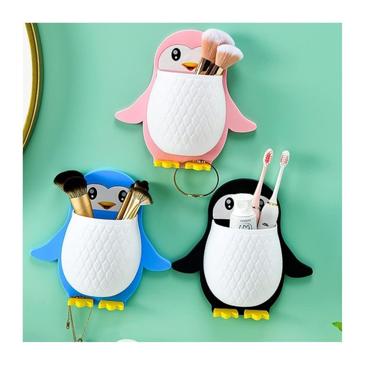 ARICA Penguin Toothbrush Holder Storage Organizer for Bathroom Wall Mounted Penguin Shape with Self Adhesive Stick Multipurpose 
