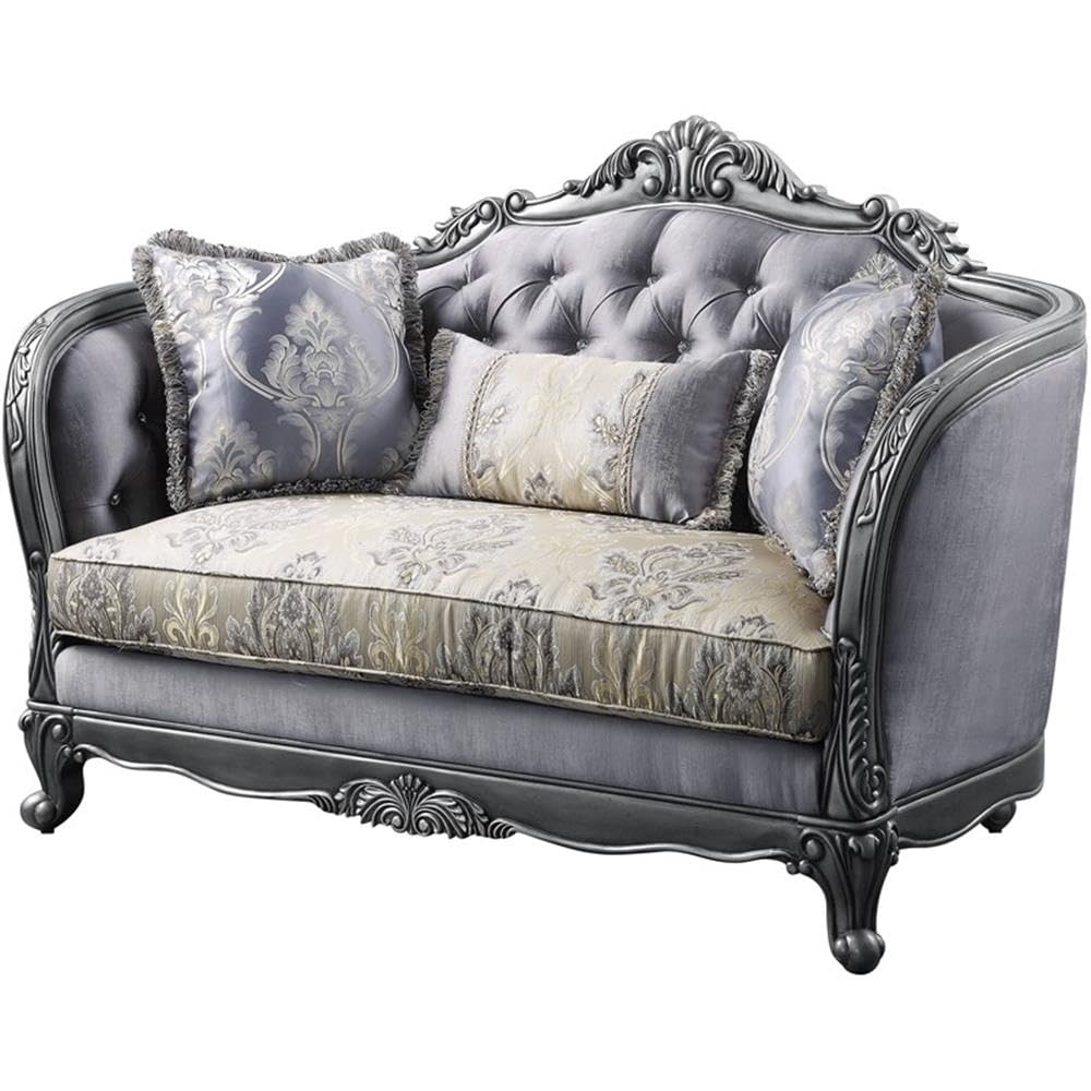 Acme Ariadne Fabric Tufted Loveseat with 3 Pillows in Platinum Gray