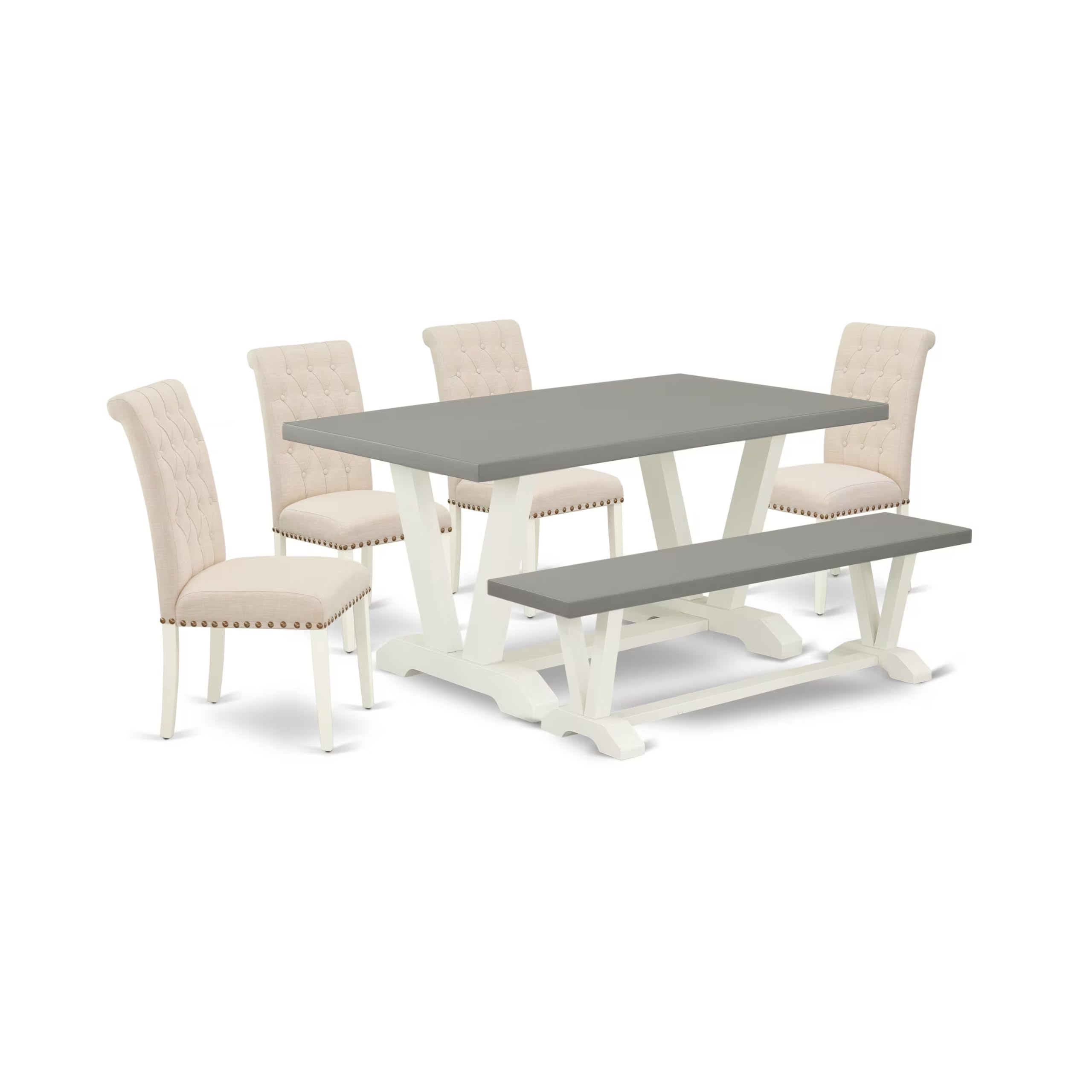 East West Furniture V096Br202-6 6 Piece Dining Table Set Contains A Rectangle Dining Room Table And 4 Light Beige Linen Fabric Upholstered Chairs With A Bench, 36X60 Inch, Multi-Color