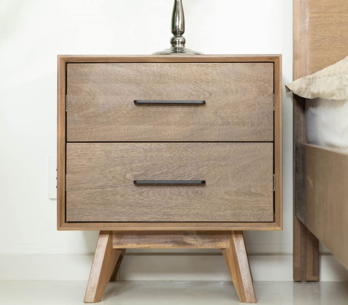 HomeRoots Walnut Veneer, Solid Wood, Metal Natural Light Mocha Contemporary Nightstand with Two Drawers