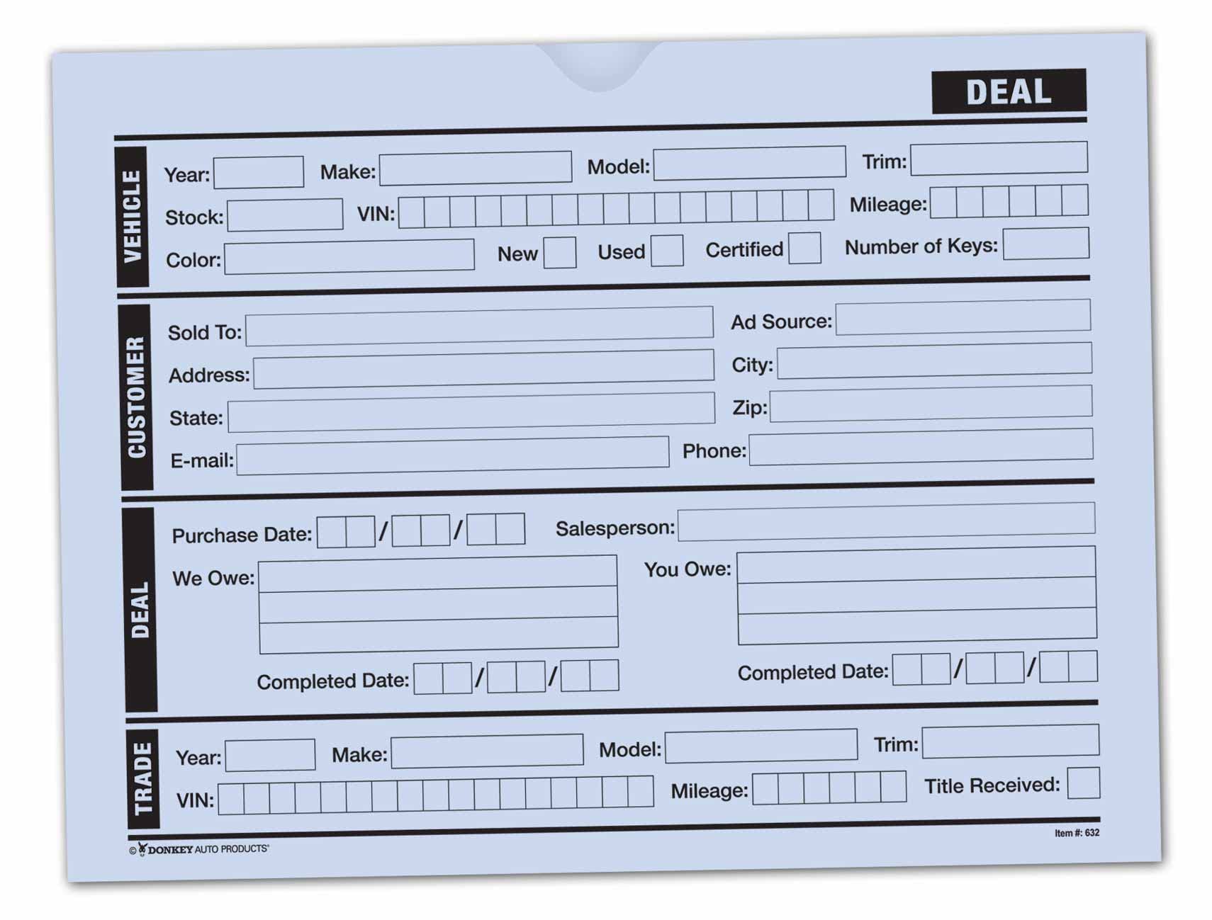 Vehicle Deal Jackets Printed - Dealer Choice - File Folders (100 Per Pack) (Blue) (Deal Jacket Envelopes)