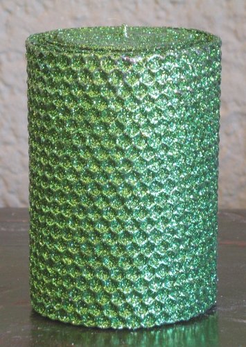 50 Hour-4 Inch Natural Beeswax Hybrid Pillar Glitter Candle, Emerald Green