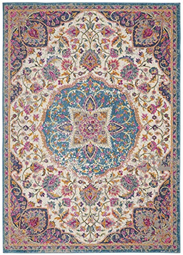 HomeRoots Ivory/Multi 100% Polypropylene 7’ x 10’ Pink and Blue Floral Medallion Area Rug