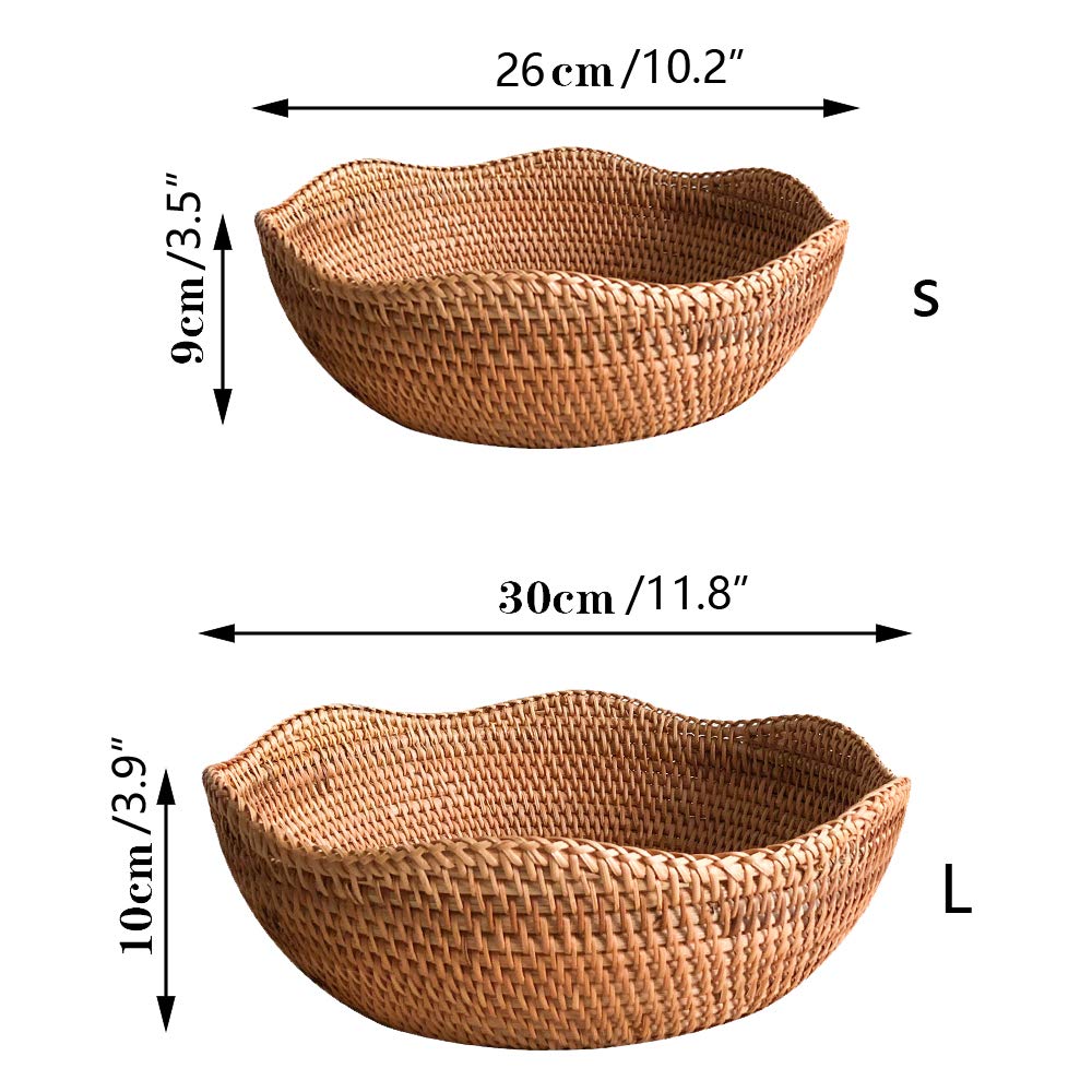 Set Of 2 Hand-Woven Basket Bowls, Round Wicker Serving Tray Fruit Bowl, Bread Basket Set, Food Storage Bowls, Rattan Tray For Co