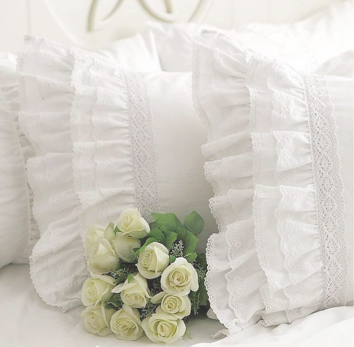 Queen? House White Ruffle Pillow Shams Cotton Vintage Embroidery Lace Pillowcases King Size Set Of 2