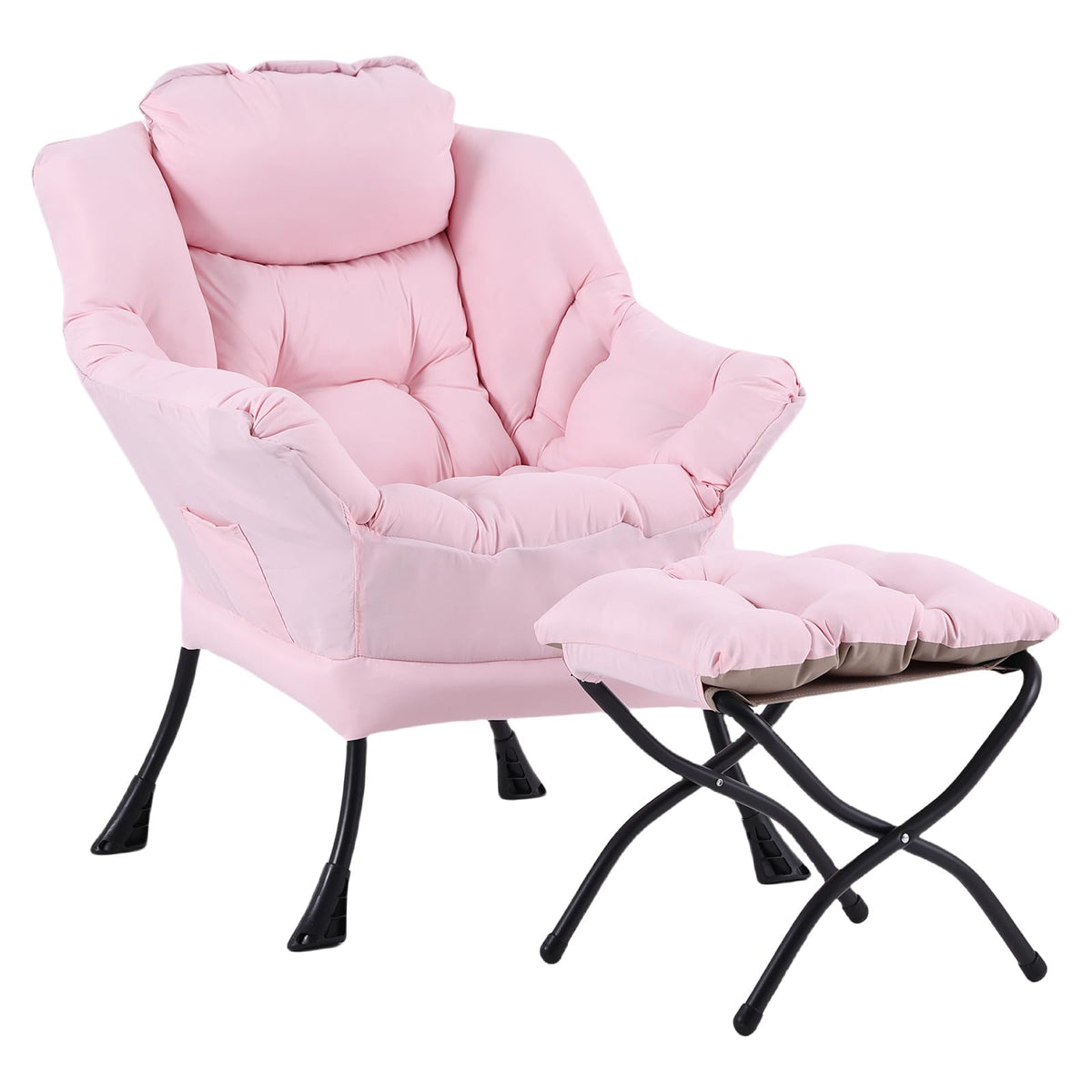 Seshinell Lazy Chair With Ottoman, Modern Reading Lounge Accent Chair With Armrests And A Side Pocket, Leisure Upholstered Lazy