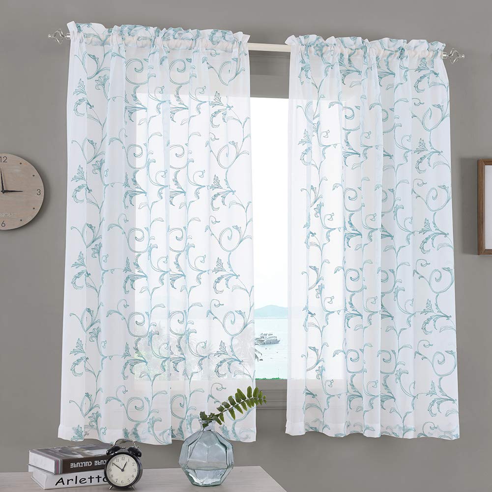Embroidered Floral Sheer Curtains Blue 63 Inch , Rod Pocket Voile Drapes for Living Room, Bedroom, Vintage Embroidery Semi Crink