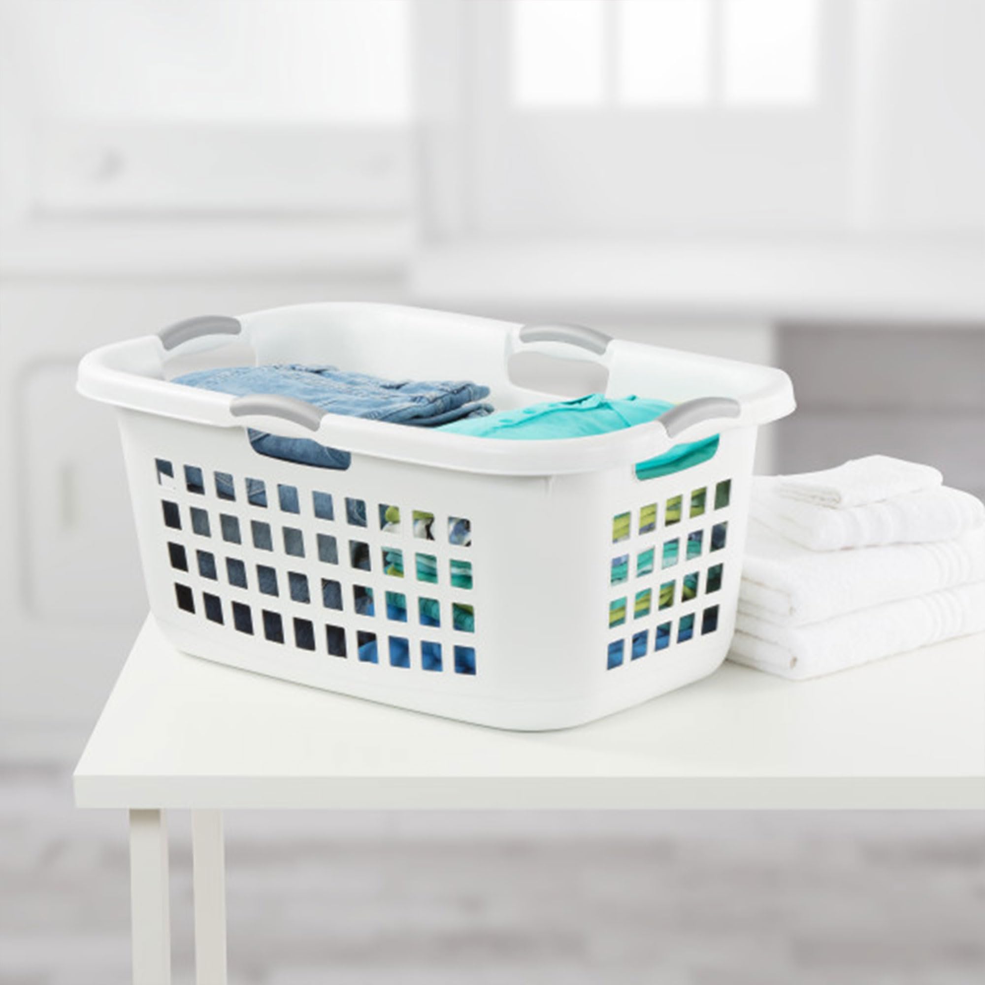 Sterilite 2 Bushel Ultra Laundry Basket, Large, Plastic With Comfort Handles To Easily Carry Clothes To And From The Laundry Roo