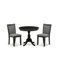 East West Furniture AMMZ3-AB6-50 3 Piece Dining Table Set Contains a Round Kitchen Table with Pedestal and 2 Dark Gotham Grey Linen Fabric Upholstered Chairs, 36x36 Inch, Wirebrushed Black
