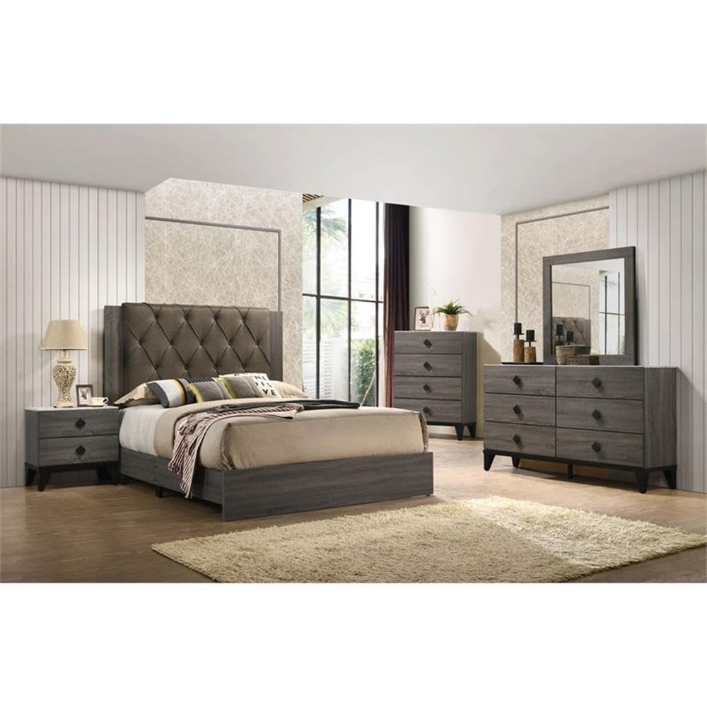Acme Avantika Eastern King Bed In Fabric & Rustic Gray Oak