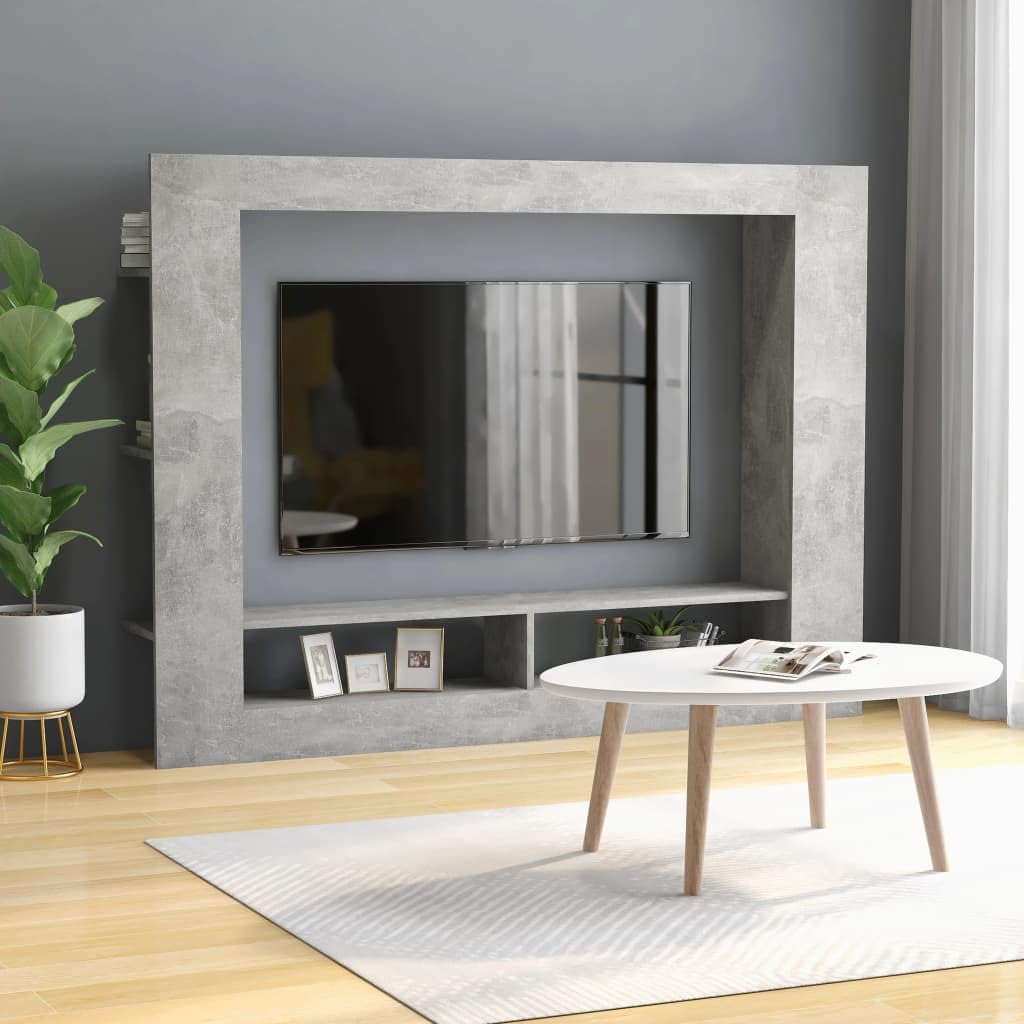 vidaXL Engineered Wood TV Stand - Modern, Stylish Design in Concrete Gray with 2 Open Compartments and 6 Side Shelves, 59.8&quot;x8.7&quot;x44.5&quot;