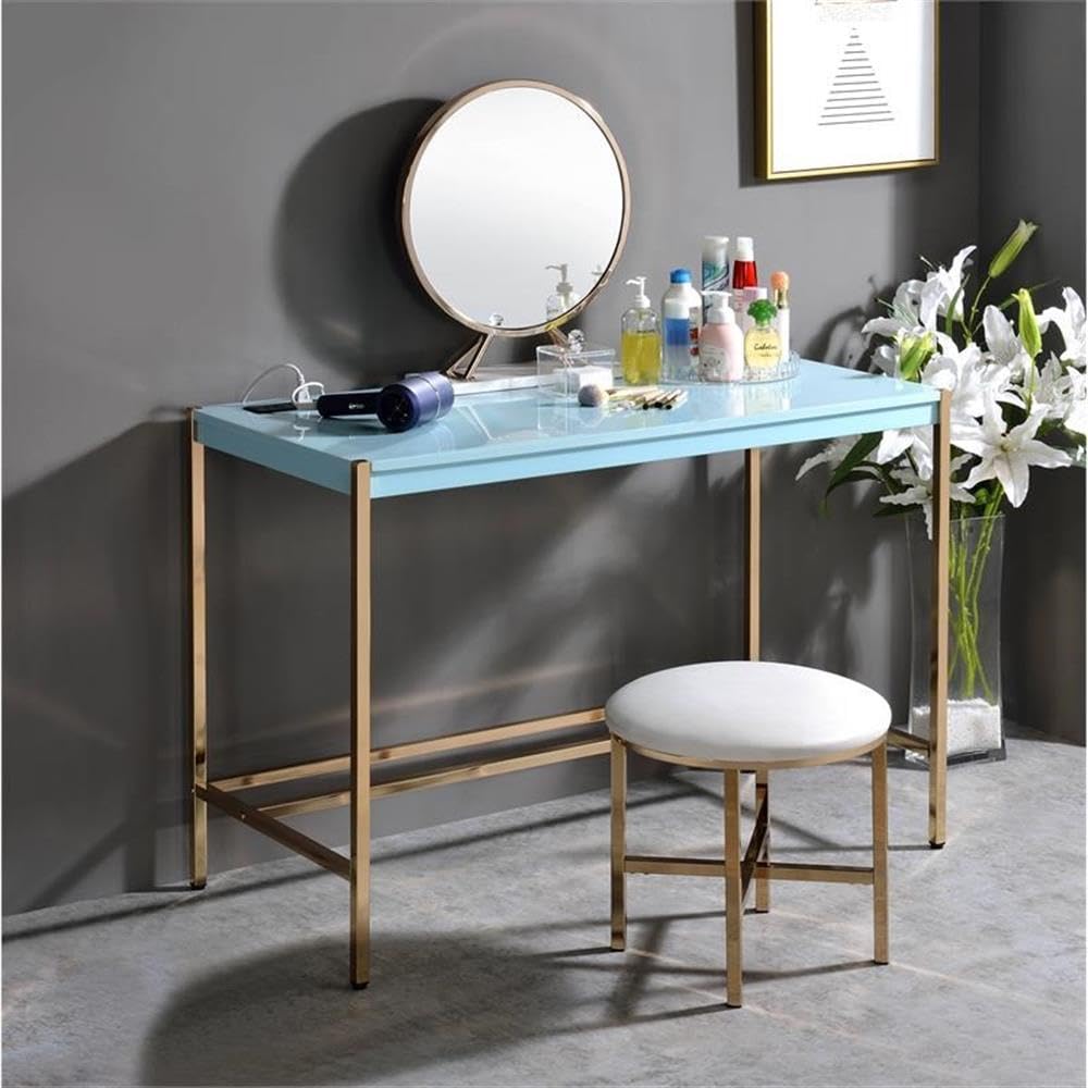 Acme Midriaks Wooden Top Writing Desk with USB Port in Baby Blue and Gold