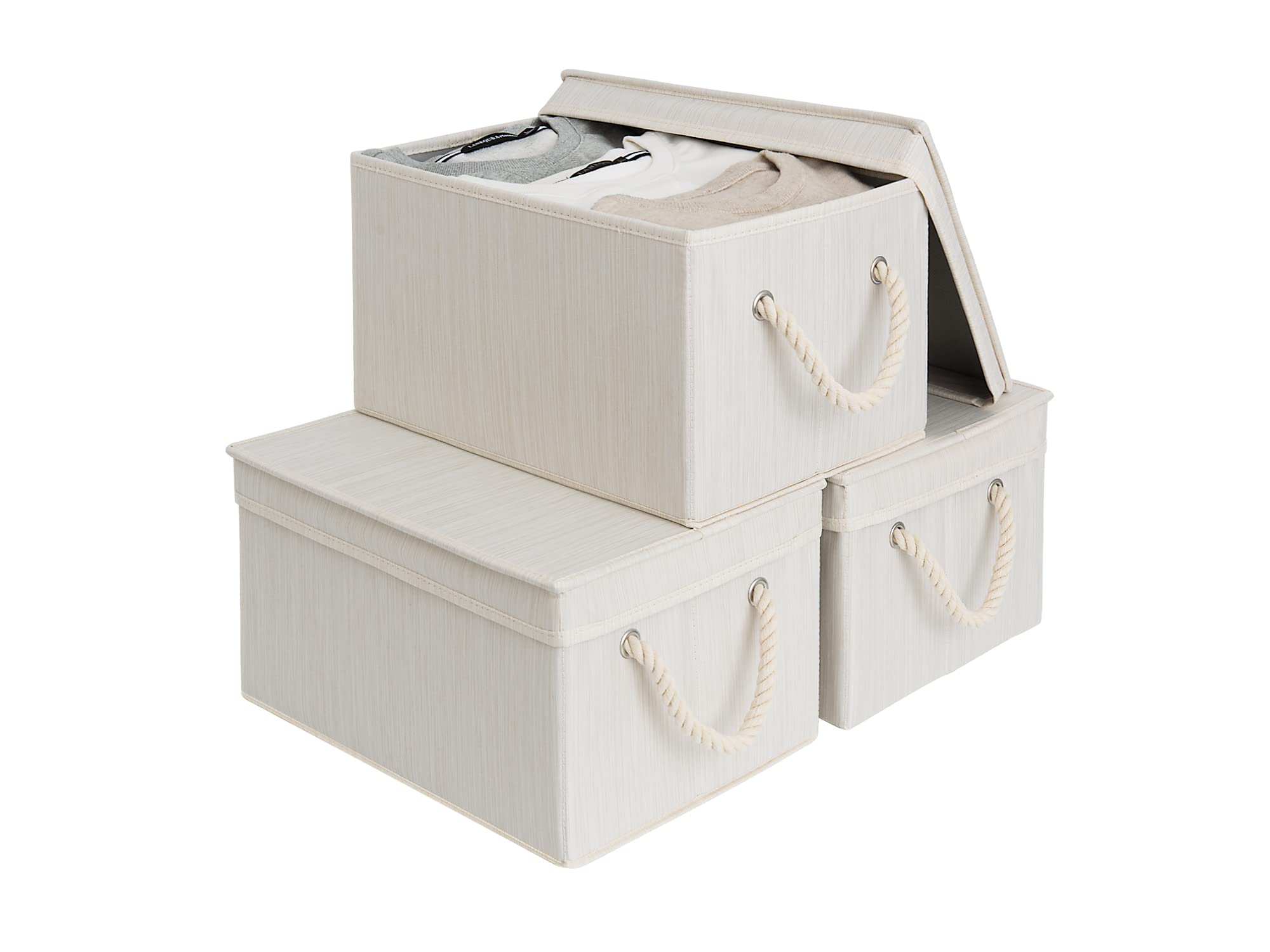 StorageWorks Storage Bins with Lid and Soft Rope Handles, Foldable Storage Basket, Mixing of Beige, White & Ivory, 3-Pack, Large