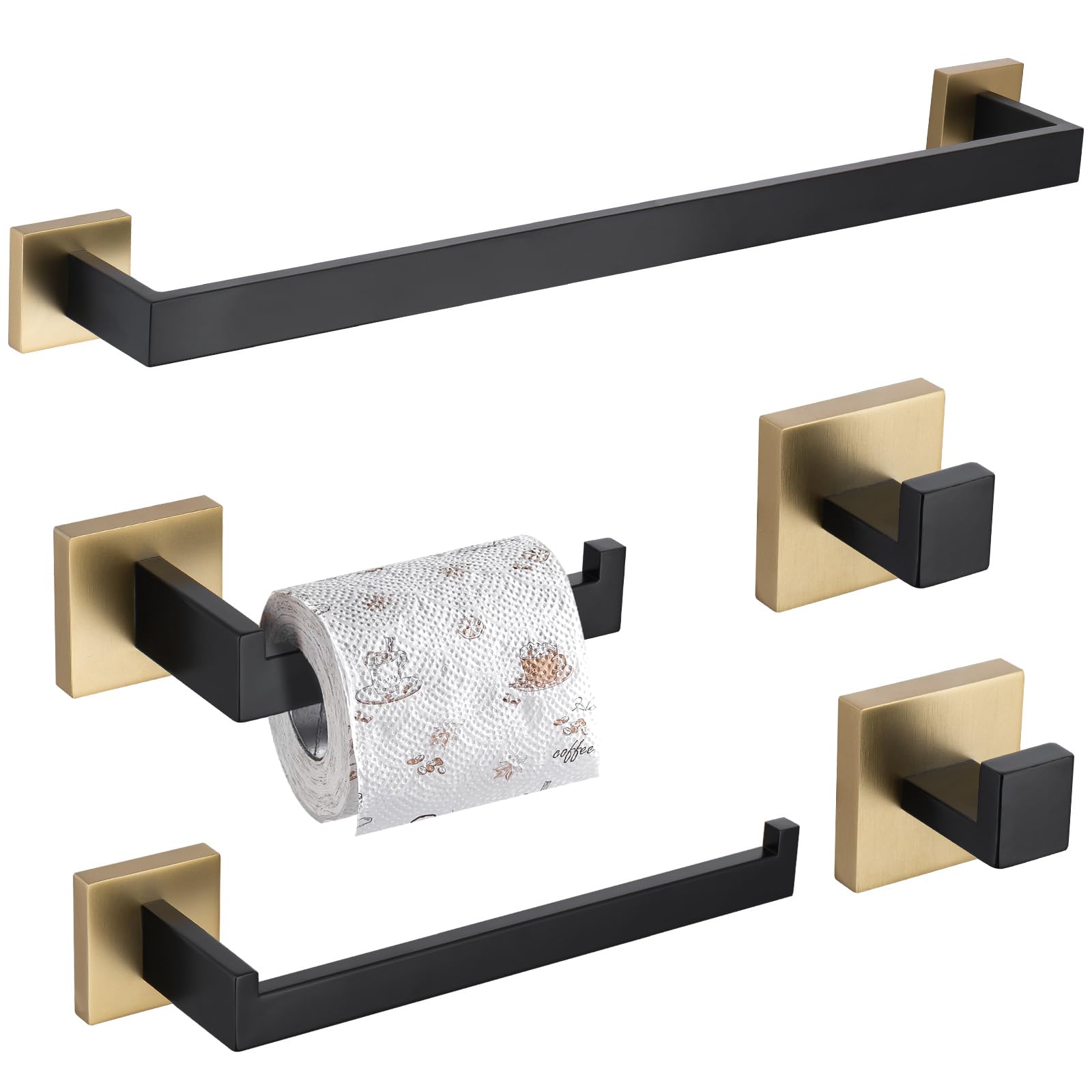 TURS 5-Piece Bathroom Hardware Set Black and Gold Towel Bar Sets Include 24 Inch Towel Bar Hand Towel Holder Toilet Paper Holder