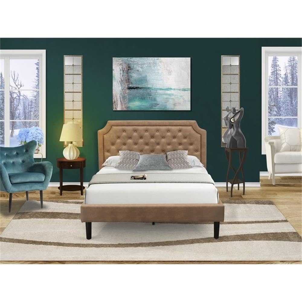 East West Furniture Granbury 2-Piece Platform Wooden Set for Bedroom with Button Tufted Queen Size Bed and 1 Antique Mahogany Mid Century Modern Nightstand-Brown Faux Leather Texture and Black Legs