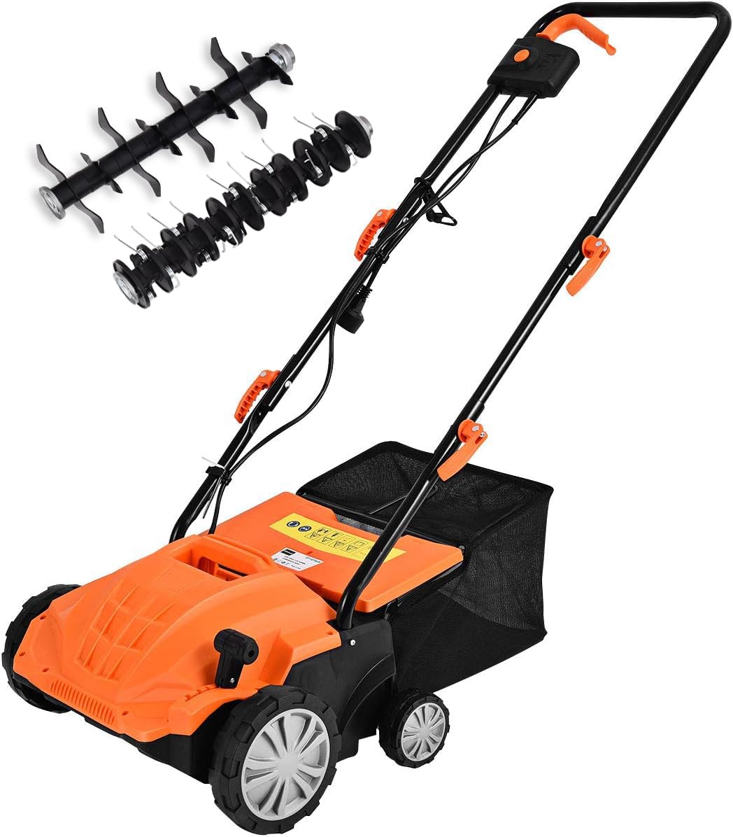 Goplus 2-In-1 Lawn Dethatcher And Scarifier, 4 Level Depth Adjustable Weeder W/ 11 Gallon Collection Bag & 2 Removable Blades, 1