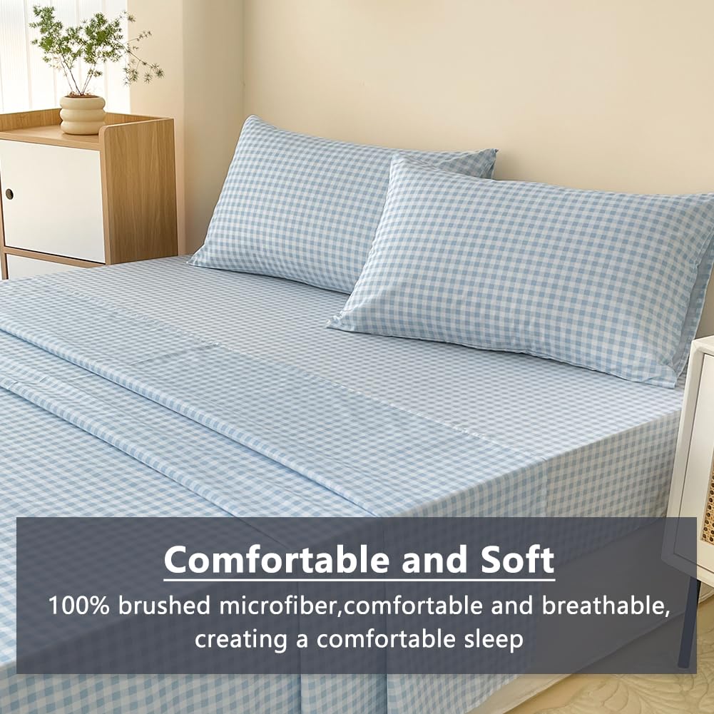Nsnlgsgc Light Blue Gingham Twin Kids Sheet Set, Soft Brushed Microfiber Baby Blue Plaid Twin Bed Sheets, 3-Pieces Sheet Set Wit