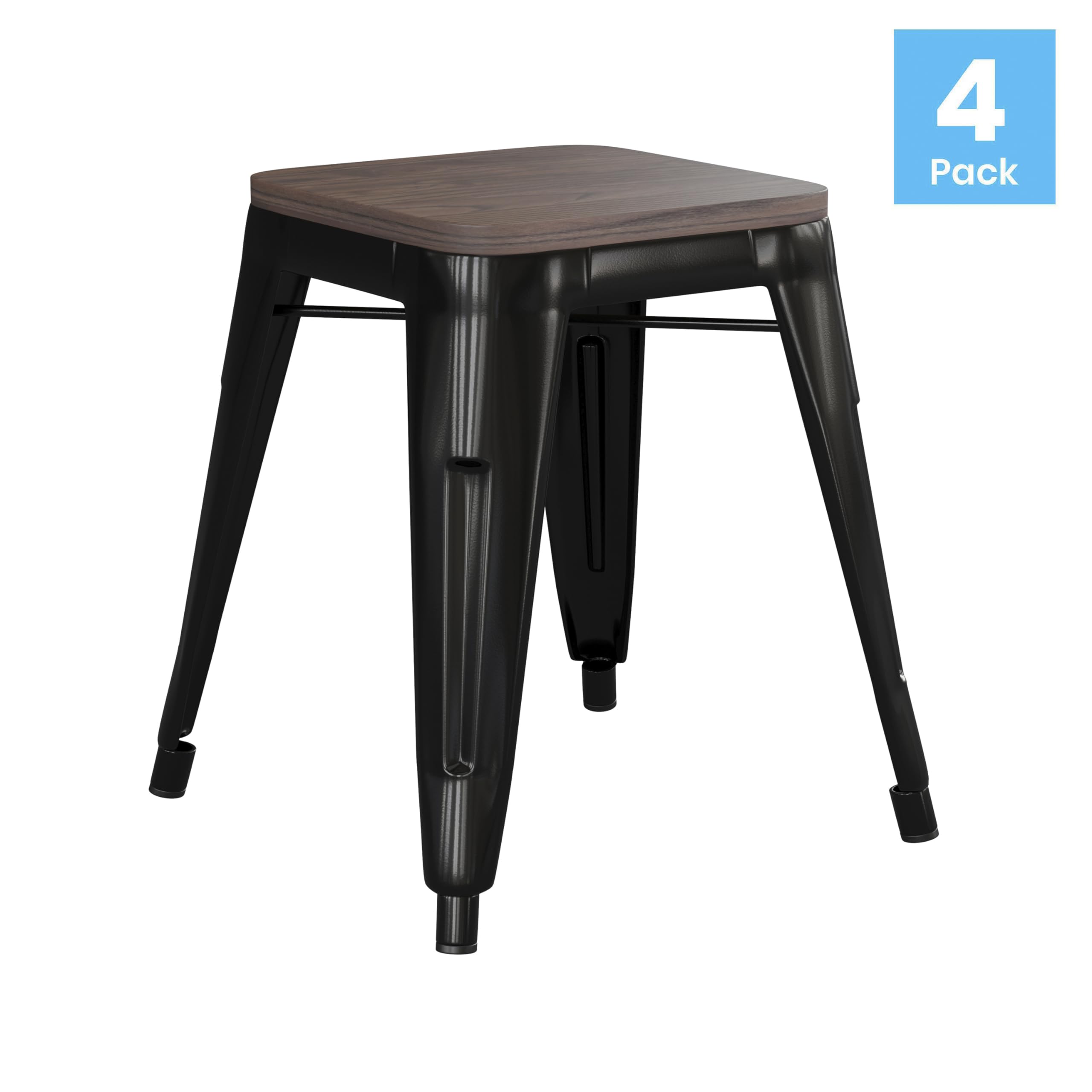 Flash Furniture Metal Dining Table Height Stool with Wooden Seat Set of 4 - Backless Black Kai Commercial Grade Stool - Kai 18&quot; Stackable Dining Chairs