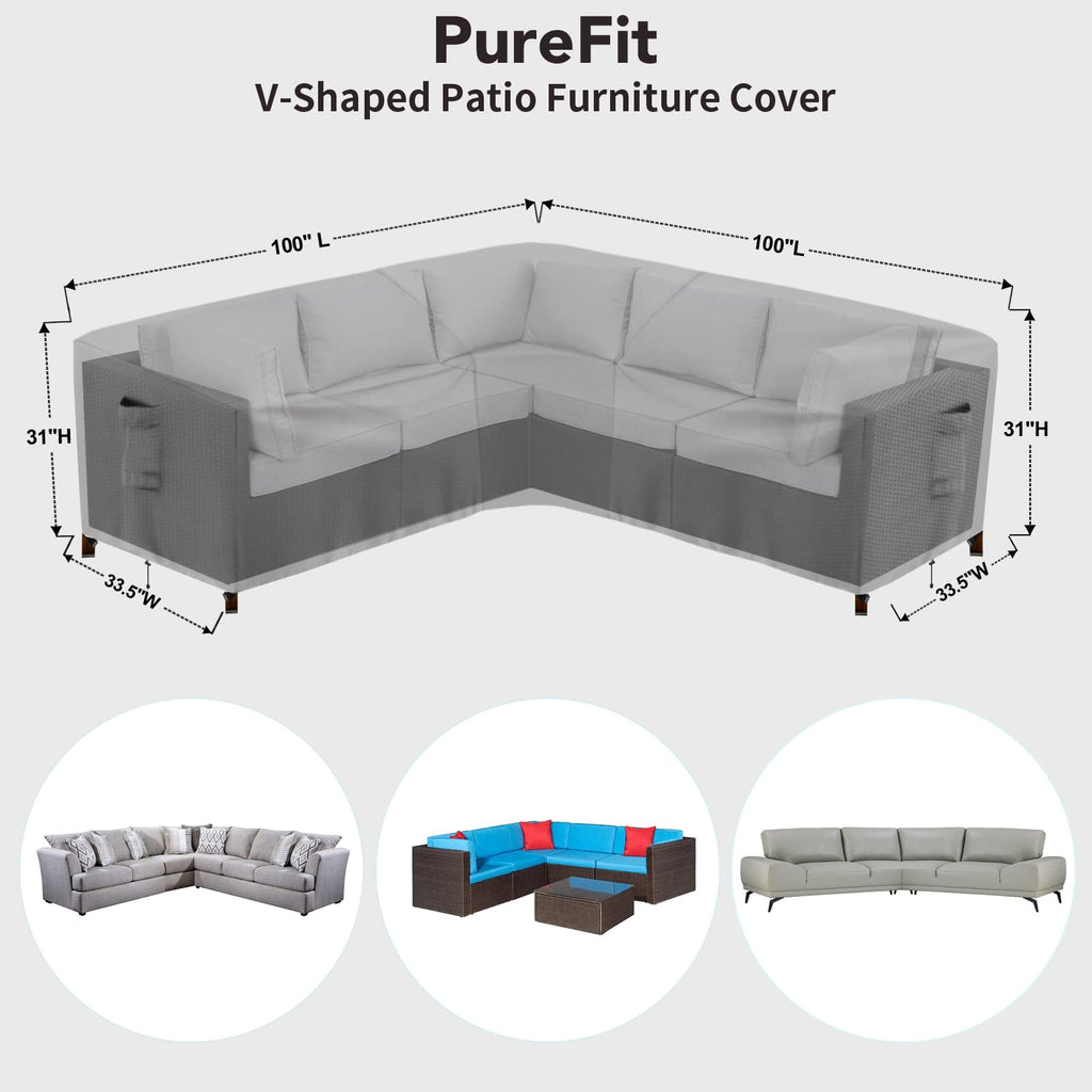 Purefit Outdoor Sectional Sofa Cover Waterproof V Shaped Patio Furniture Covers For Deck, Lawn And Backyard, 100”X100”, Gray