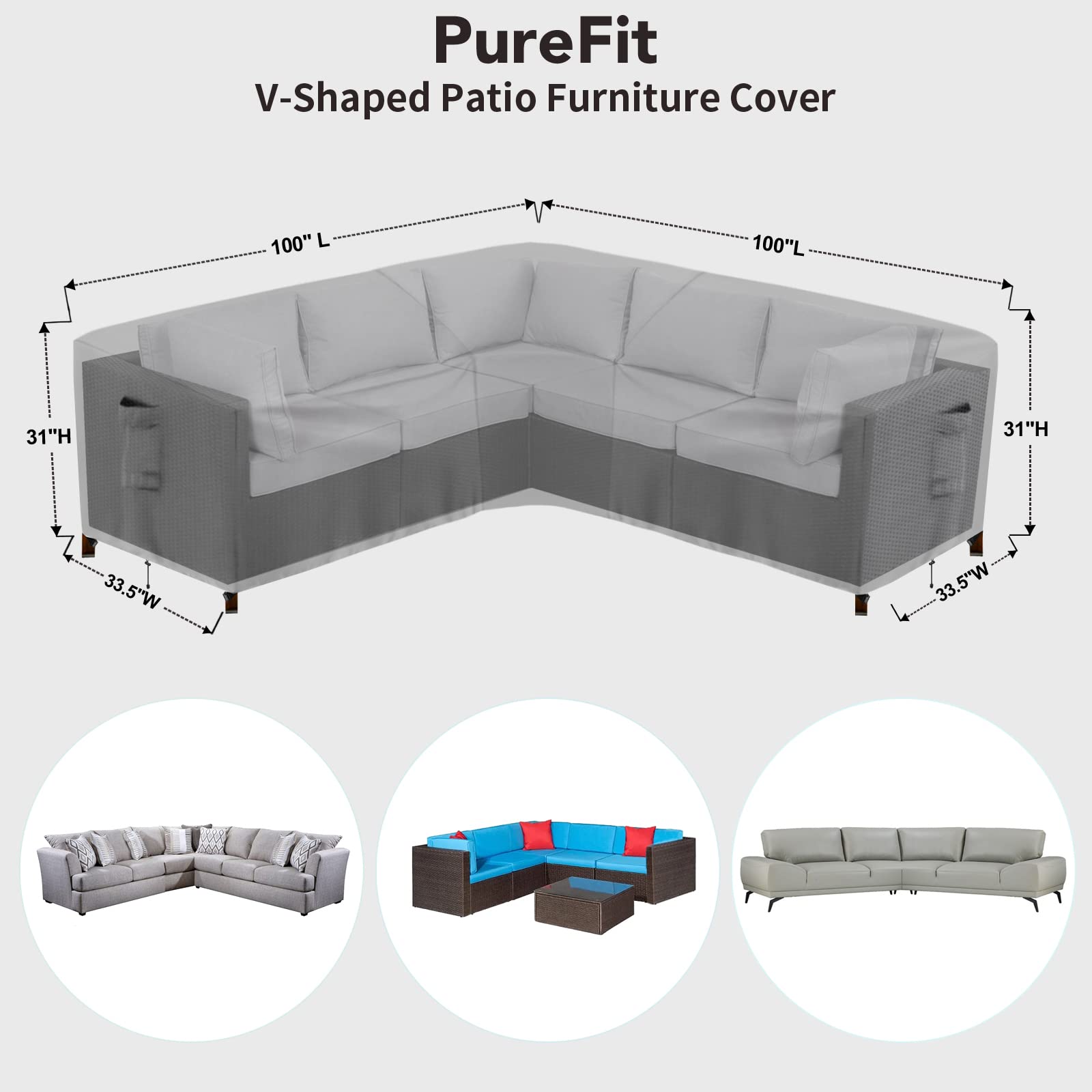 Purefit Outdoor Sectional Sofa Cover Waterproof V Shaped Patio Furniture Covers For Deck, Lawn And Backyard, 100”X100”, Gray