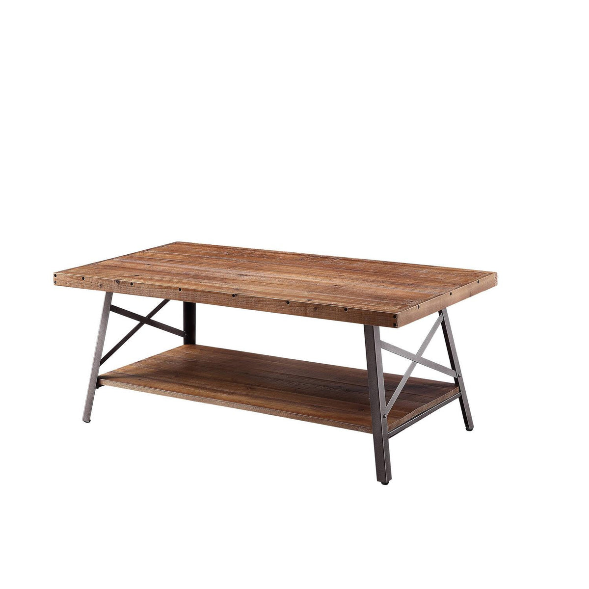 Benjara Wooden Coffee Table With X Crossed Metal Sides, Brown And Black