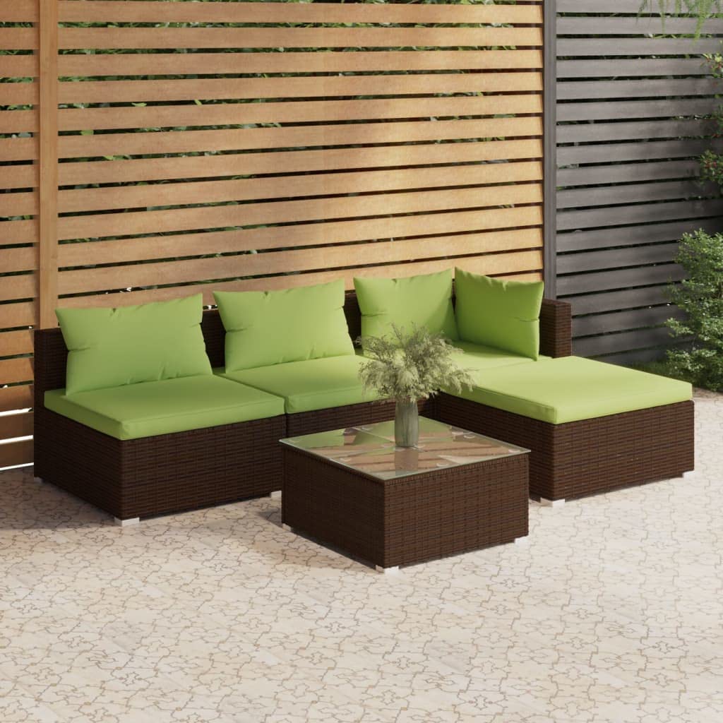 vidaXL Patio Lounge Set - 5 Piece Outdoor Lounge Set with Cushions, PE Rattan Material, Brown - Includes Middle Sofa, Corner Sofa, Footrest, and Coffee Table