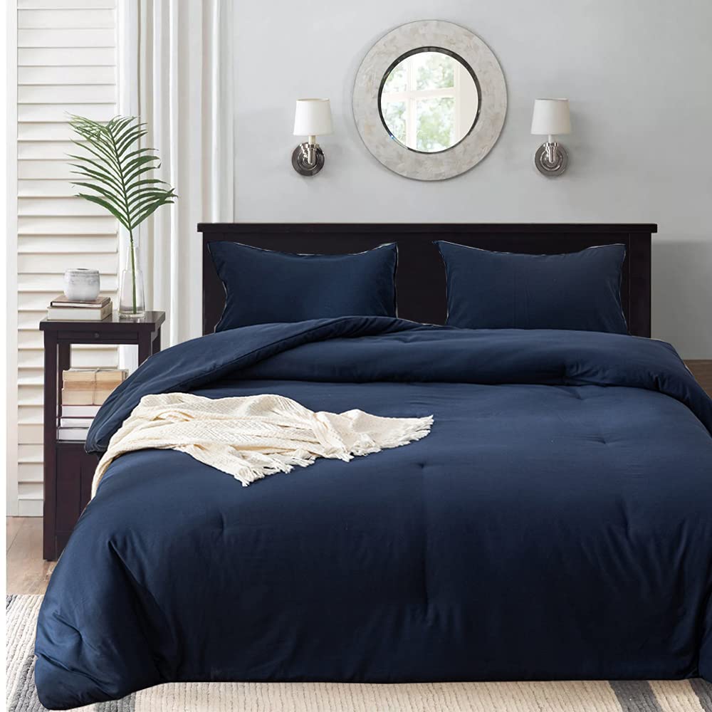 Wellboo Navy Blue Comforter Set Full Men Boys Dark Blue Bedding Comforter Sets Solid Dark Color Minimalist Quilts For Women Adul