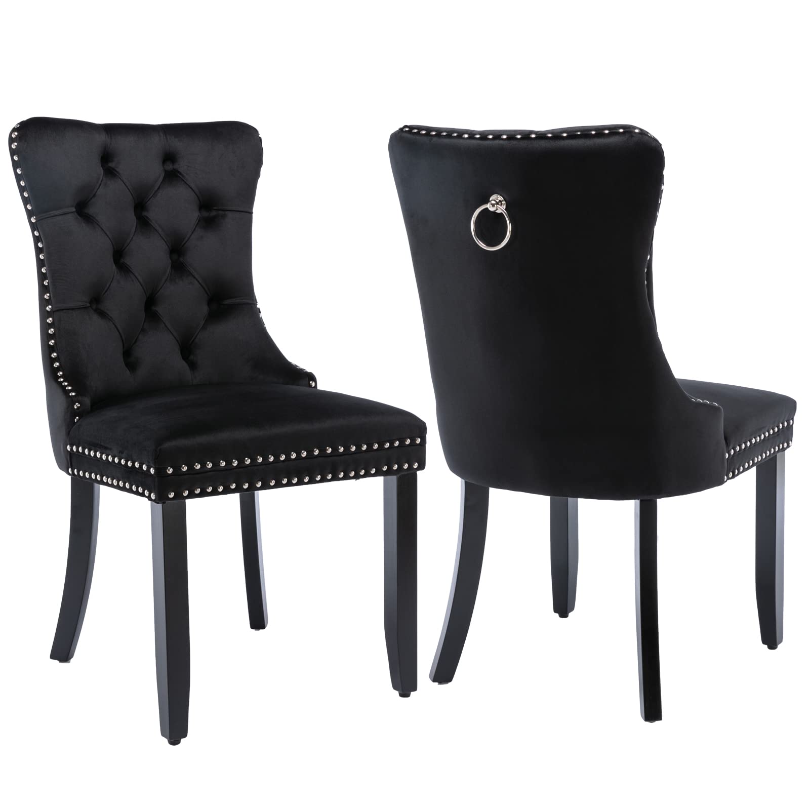 Shenyon Black Dining Chairs Set Of 2,Upholstered Velvet Dining Room Chairs With Back Ring Pull Trim And Solid Wood Legs,Modern D