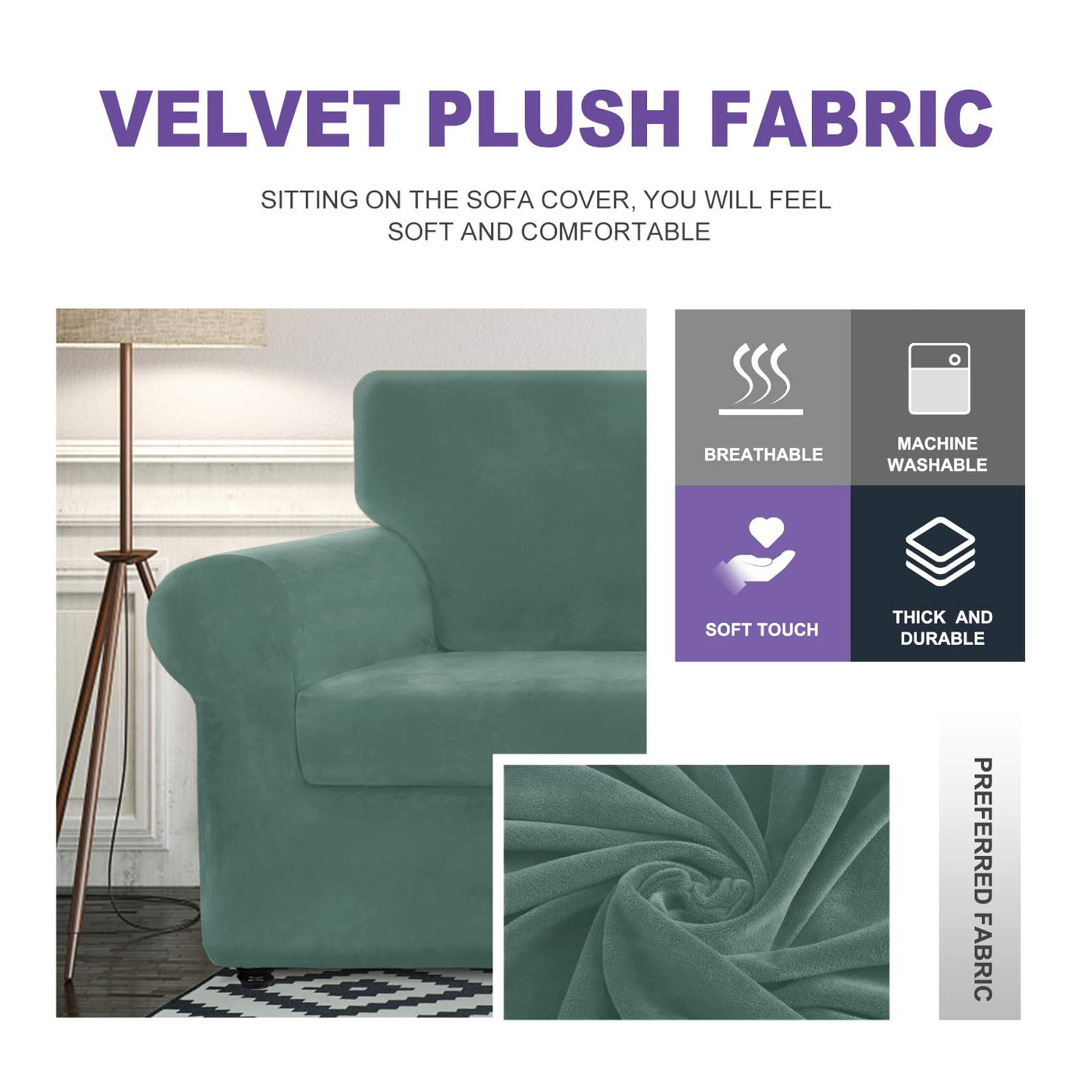 Znsayotx Luxury Velvet Couch Cover 4 Piece Stretch Oversized Sofa Covers For 3 Cushion Couch Thick Soft Large Sofa Slipcover Anti Slip Dogs Pet Furniture Protector (Pea Green), 91'-110'(3 Cushions)