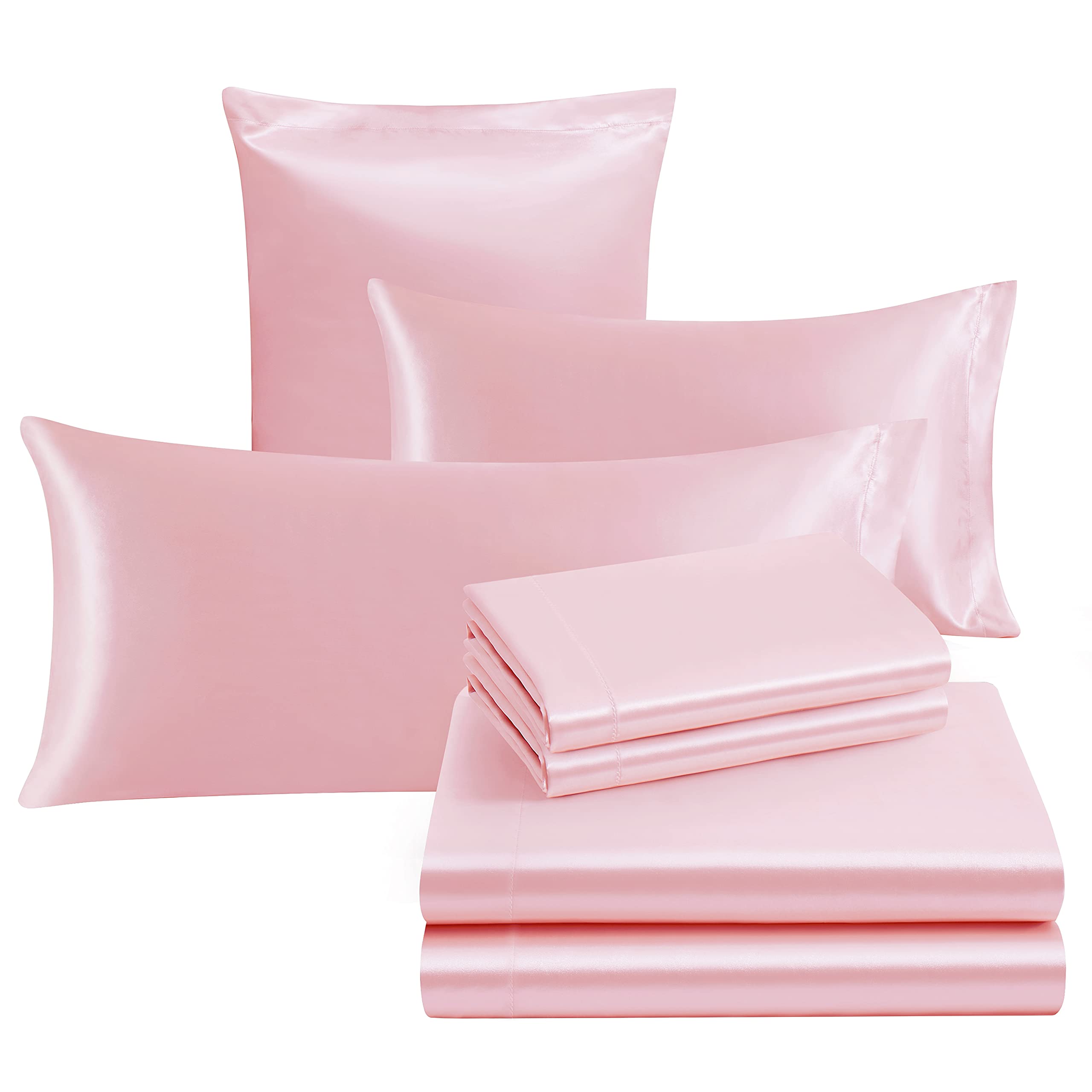 Ersmak 7 Pieces Satin Sheets Set King Size, Luxury Silky Blush Pink Satin Bed Sheets Set With 1 Deep Pocket Fitted Sheet, 1 Soft