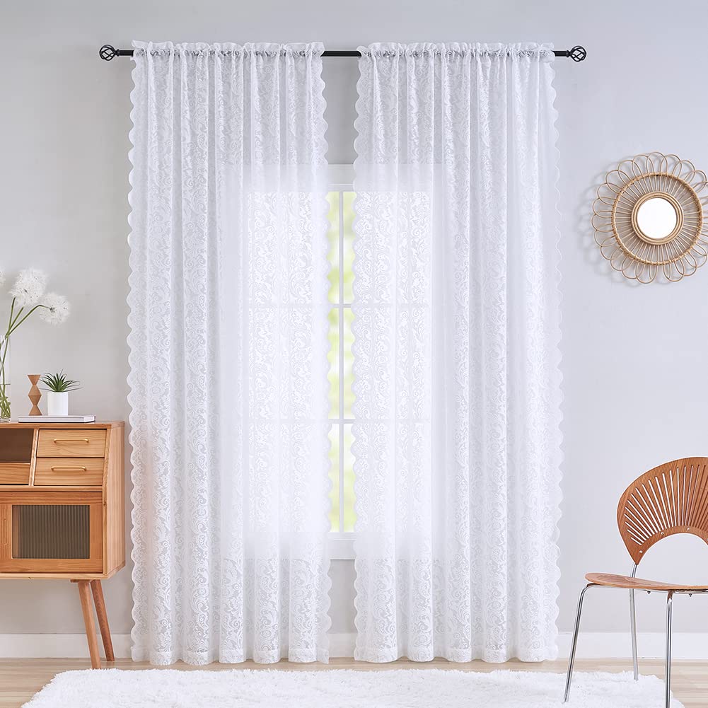 Aligogo White Sheer Lace Curtains 108 Inch Long, Vintage Flower Pattern Country Curtains For Living Room Rod Pocket 2 Panels 52