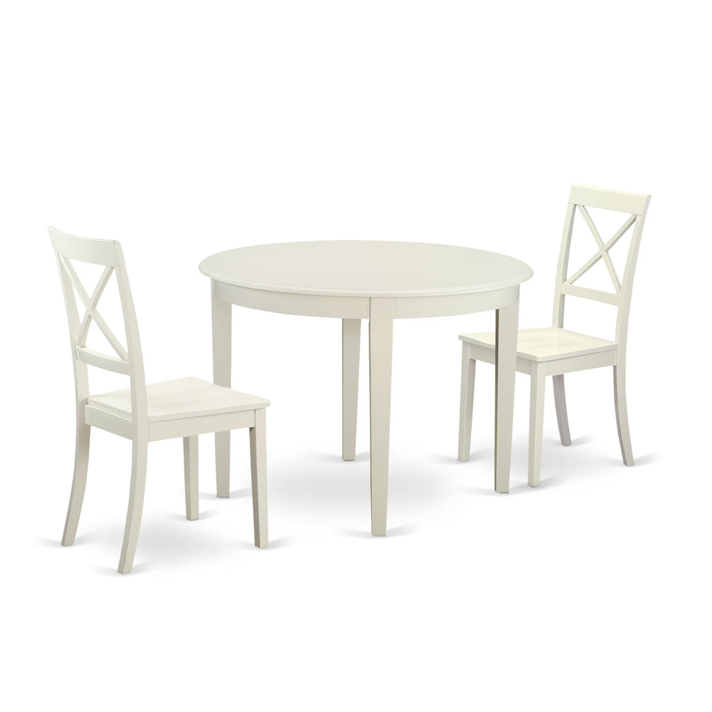 East West Furniture BOST3-WHI-W 3 Piece Kitchen Table Set for Small Spaces Contains a Round Dining Room Table and 2 Solid Wood Seat Chairs, 42x42 Inch, Linen White
