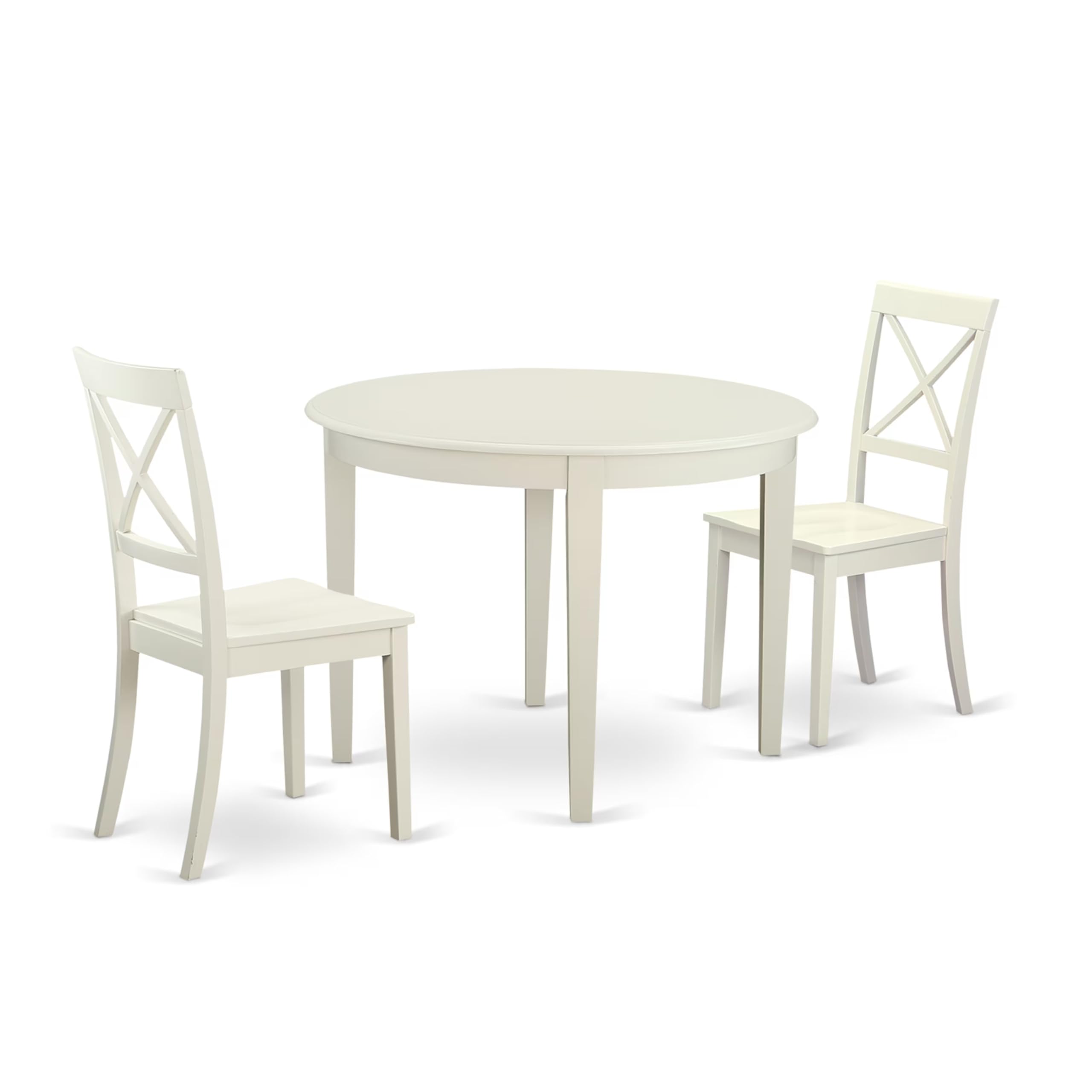 East West Furniture BOST3-WHI-W 3 Piece Kitchen Table Set for Small Spaces Contains a Round Dining Room Table and 2 Solid Wood Seat Chairs, 42x42 Inch, Linen White
