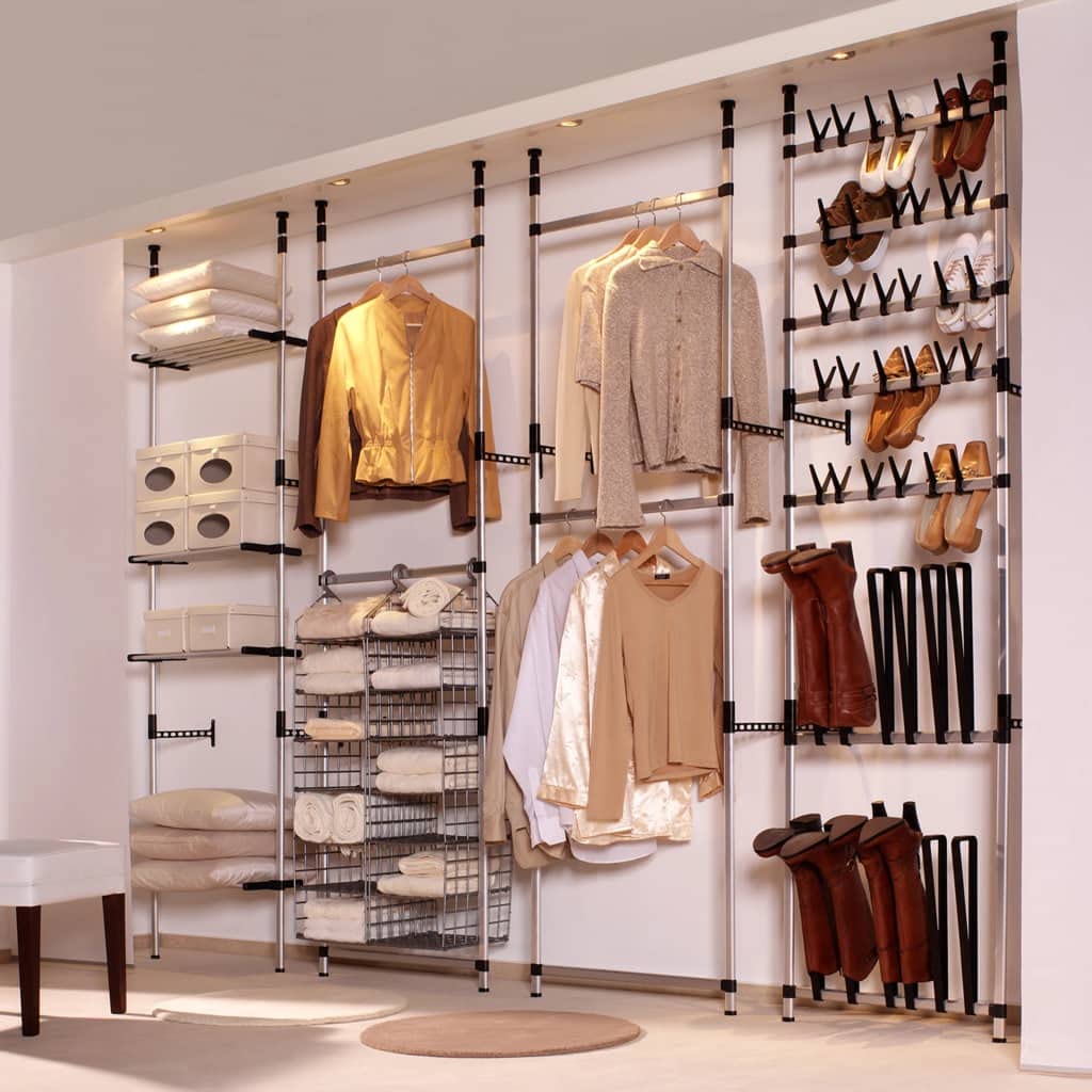 vidaXL Modern Adjustable Telescopic Wardrobe System with Rods | Durable Aluminum Structure | Ideal Closet Organizer | Space-Saving Design | Adjustable Height & Width | Silver and Black