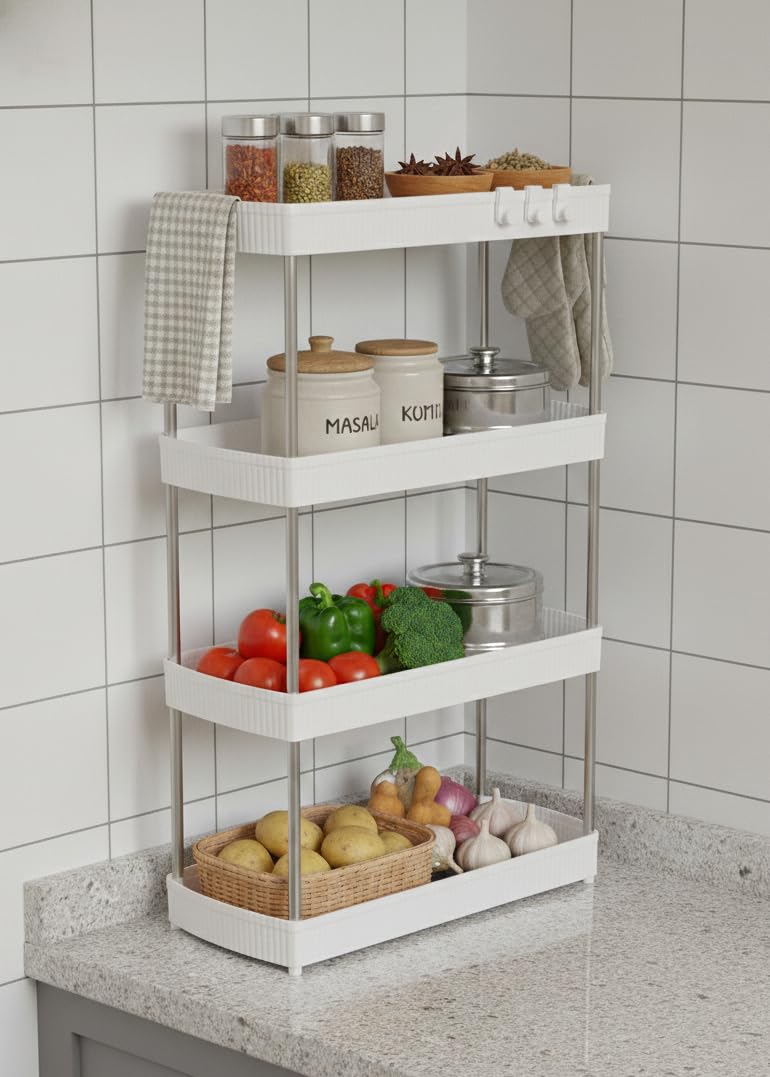 UMax MultiTier Storage Cart Organizer, Countertop Kitchen And Office Rack With Ventilated Trays And Stainless Poles, Counterto