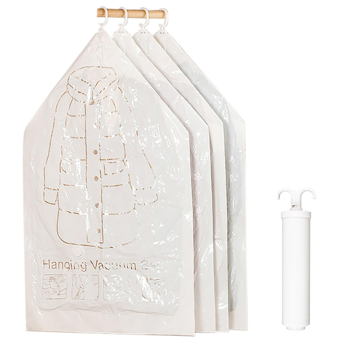 Hanging Vacuum Storage Bags with Pump, 4 Pcs 4 Hooks 43.3 Inch x 27.6 Inch PE Compression Down Jackets Arrange Bags for Saving C