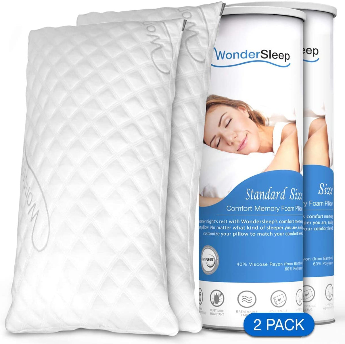 Wondersleep Premium Adjustable Loft [Standard Size 2-Pack] - Shredded Memory Foam Pillow For Home & Hotel Collection + Washable