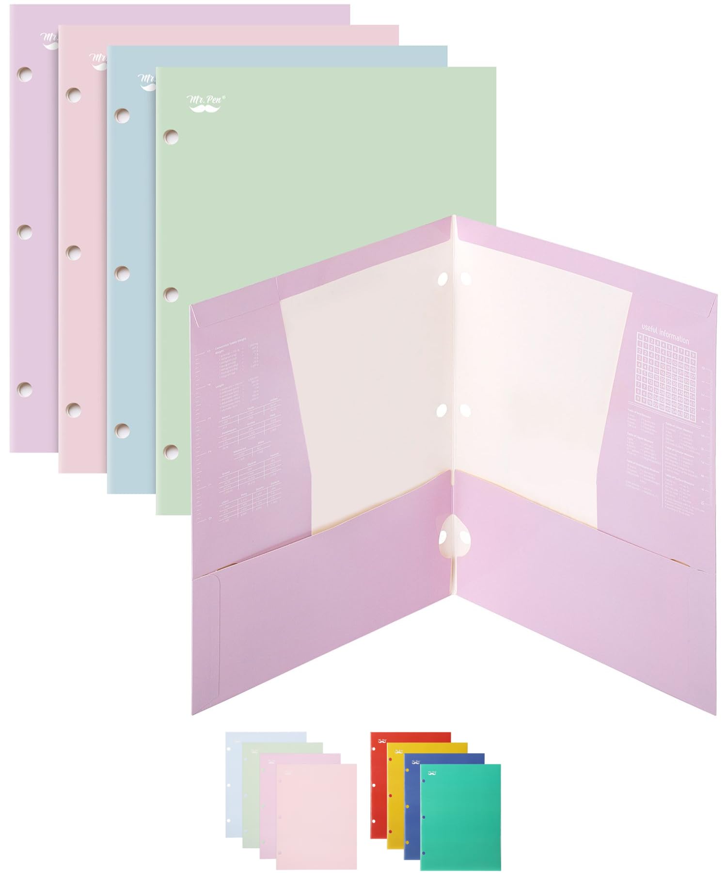 Mr. Pen- Pocket Folders, 4 Pocket, 4 Pack, Pastel Colors, Folders With Pockets 3 Hole Punched, Folders, Folders For School, Fold