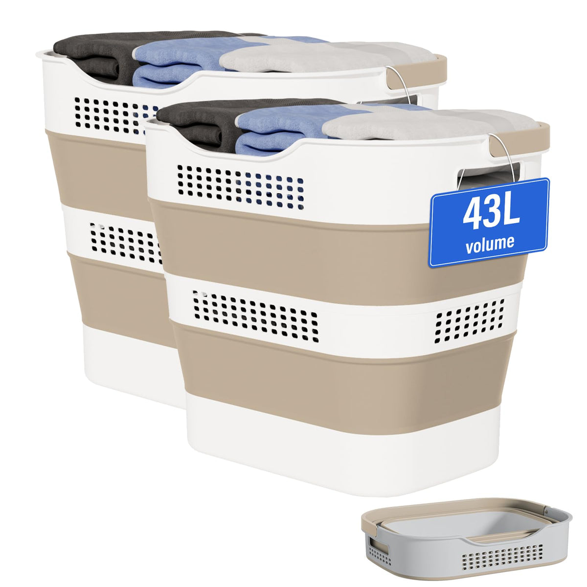 OOAMBB 43L+43L Collapsible Laundry Baskets plastic (Beige, 2 Packs)