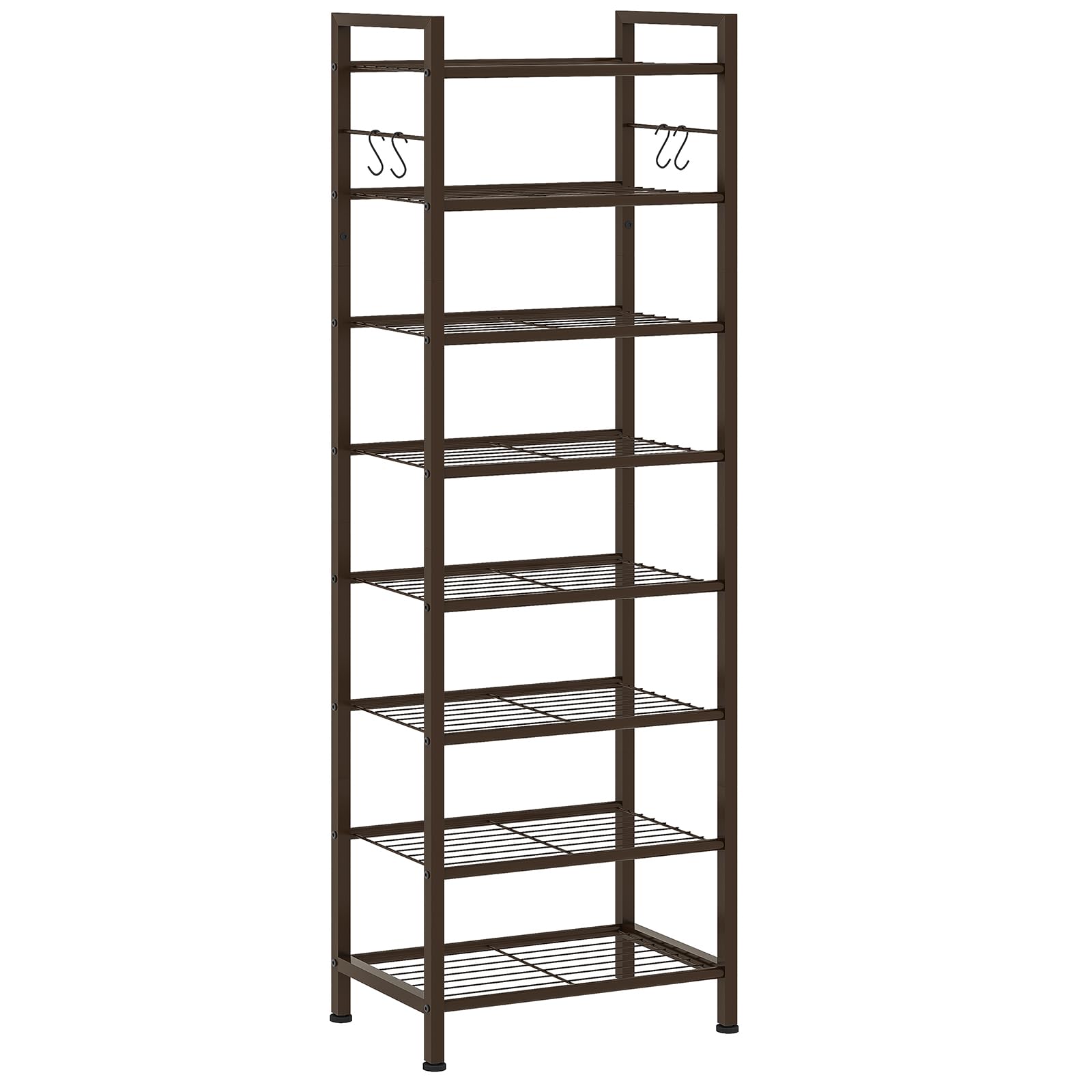 USIKEY 8 Tiers Narrow Shoe Rack 16-24 Pairs, Sturdy Metal Tall Shoe Rack Shelf with 4 Hooks, Slim Shoe Storage Organizer with Me