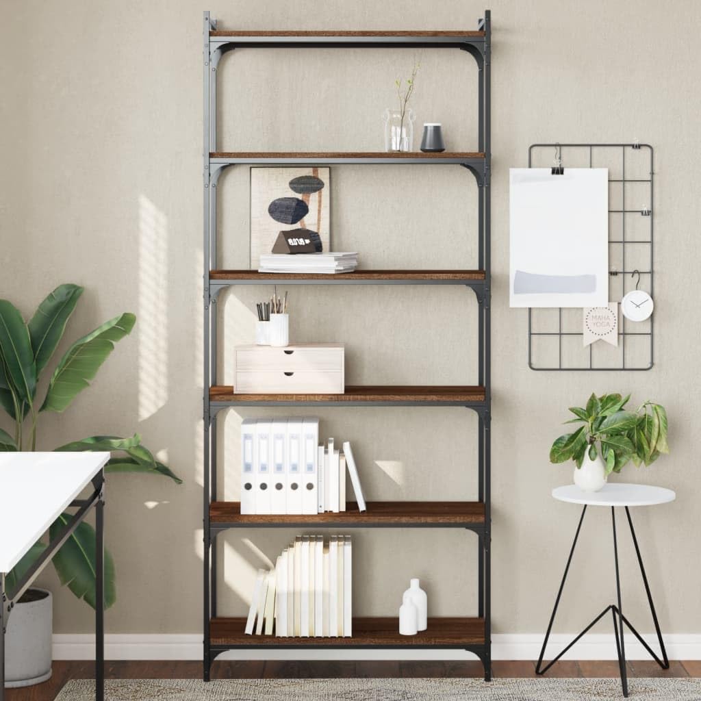 vidaXL 6-Tier Bookcase - Industrial Style Bookshelf in Brown Oak - Engineered Wood