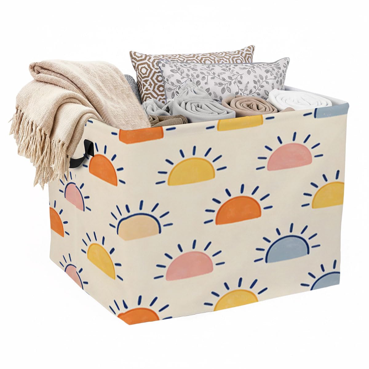 56L Boho Sun Foldable Square Laundry Hamper with Handles  Large Clothes, Blanket & Toy Storage Basket for Home Organization.