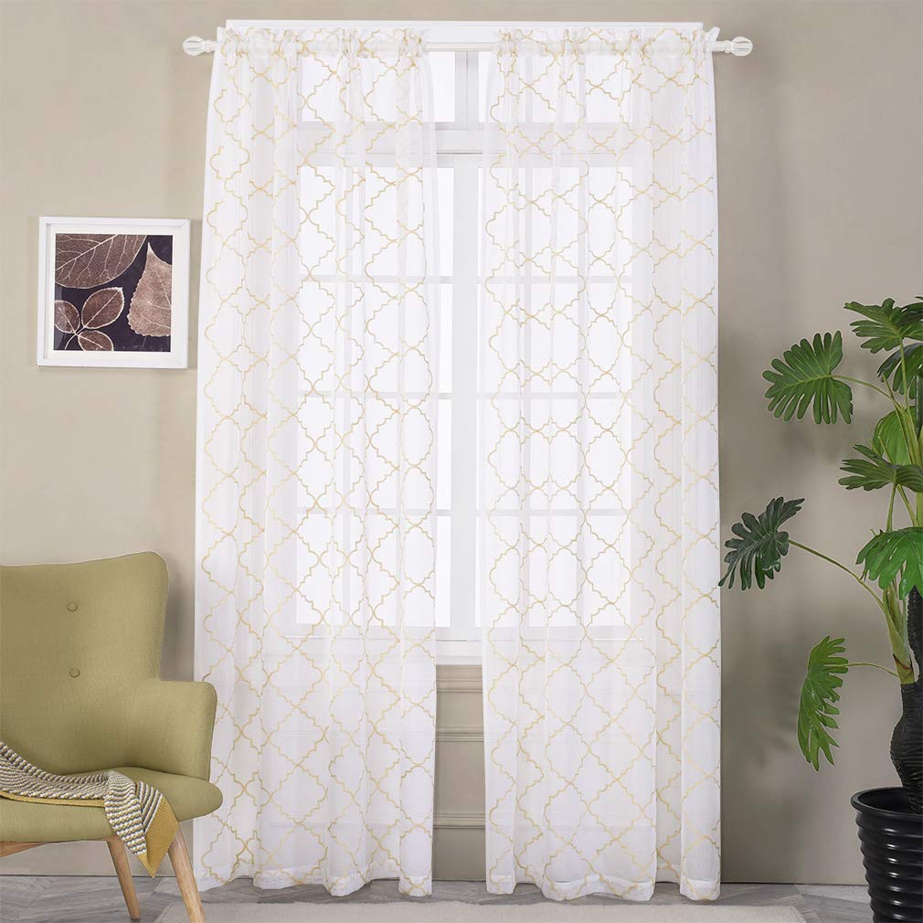 Embroidered Moroccan Tile Lattice Design Gold Sheer Curtains 84 Inch Long, Rod Pocket Sheer Drapes For Living Room, Bedroom, 2 P