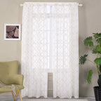 Embroidered Moroccan Tile Lattice Design Gold Sheer Curtains 84 Inch Long, Rod Pocket Sheer Drapes For Living Room, Bedroom, 2 P