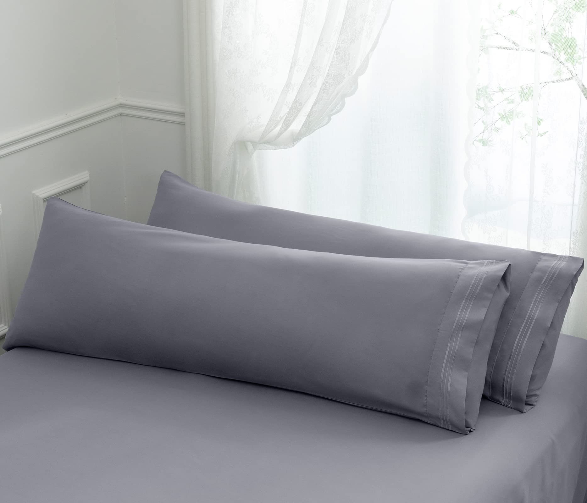 Aormenzy Microfiber Pillow Cases - Body Size Set Of 2-1800 Thread Count Ultra Soft Grey Pillowcases - Wrinkle Resistant Pillow C