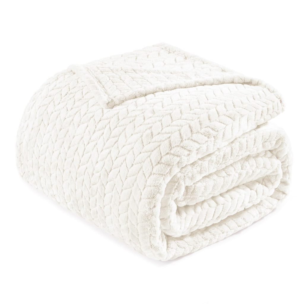 Exclusivo Mezcla Off White Fleece Queen Size Blanket For Bed, 90X90 Inches Soft Cozy 3D Decorative Jacquard Flannel Blankets, Li
