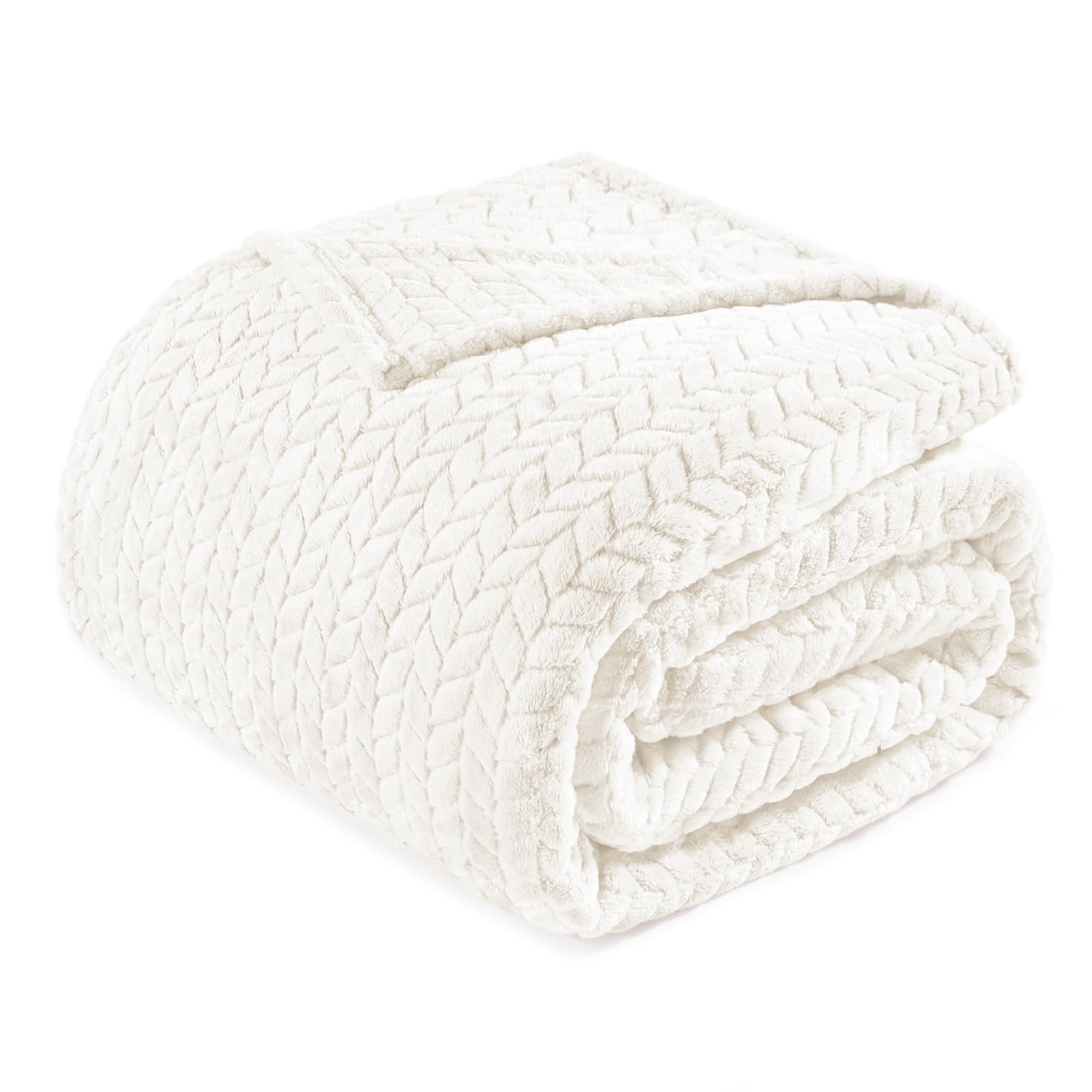 Exclusivo Mezcla Off White Fleece Twin Size Blanket For Bed, 90X66 Inches Soft Cozy 3D Decorative Jacquard Flannel Blankets, Lig