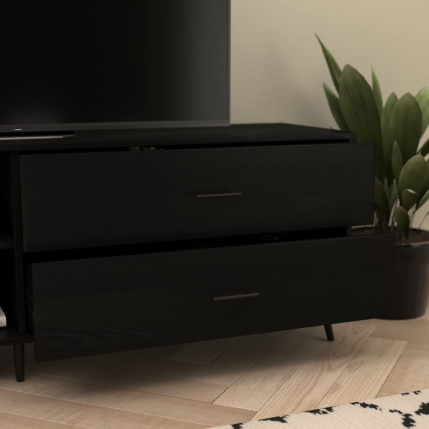 Flash Furniture Nelson Mid Century Modern Tv Stand For Up To 60&Quot; Tv'S - Black Finish - 65&Quot; Wide - Adjustable Shelf - 2 Storage Drawers