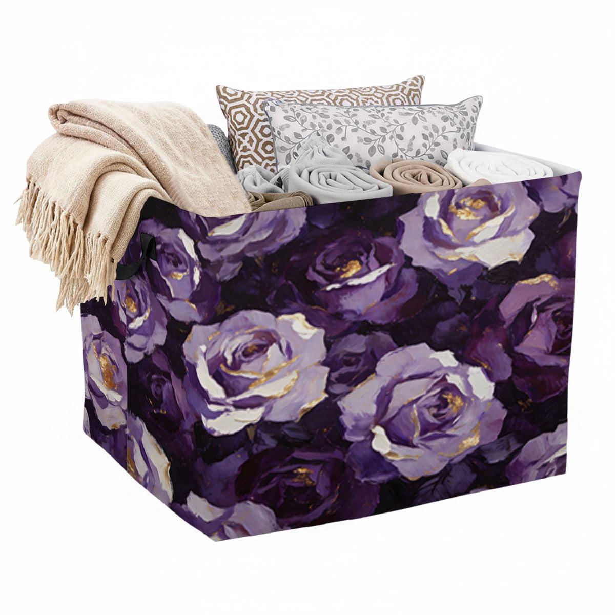 56L Purple Flowers Foldable Square Laundry Hamper with Handles  Large Clothes, Blanket & Toy Storage Basket for Home Organizati
