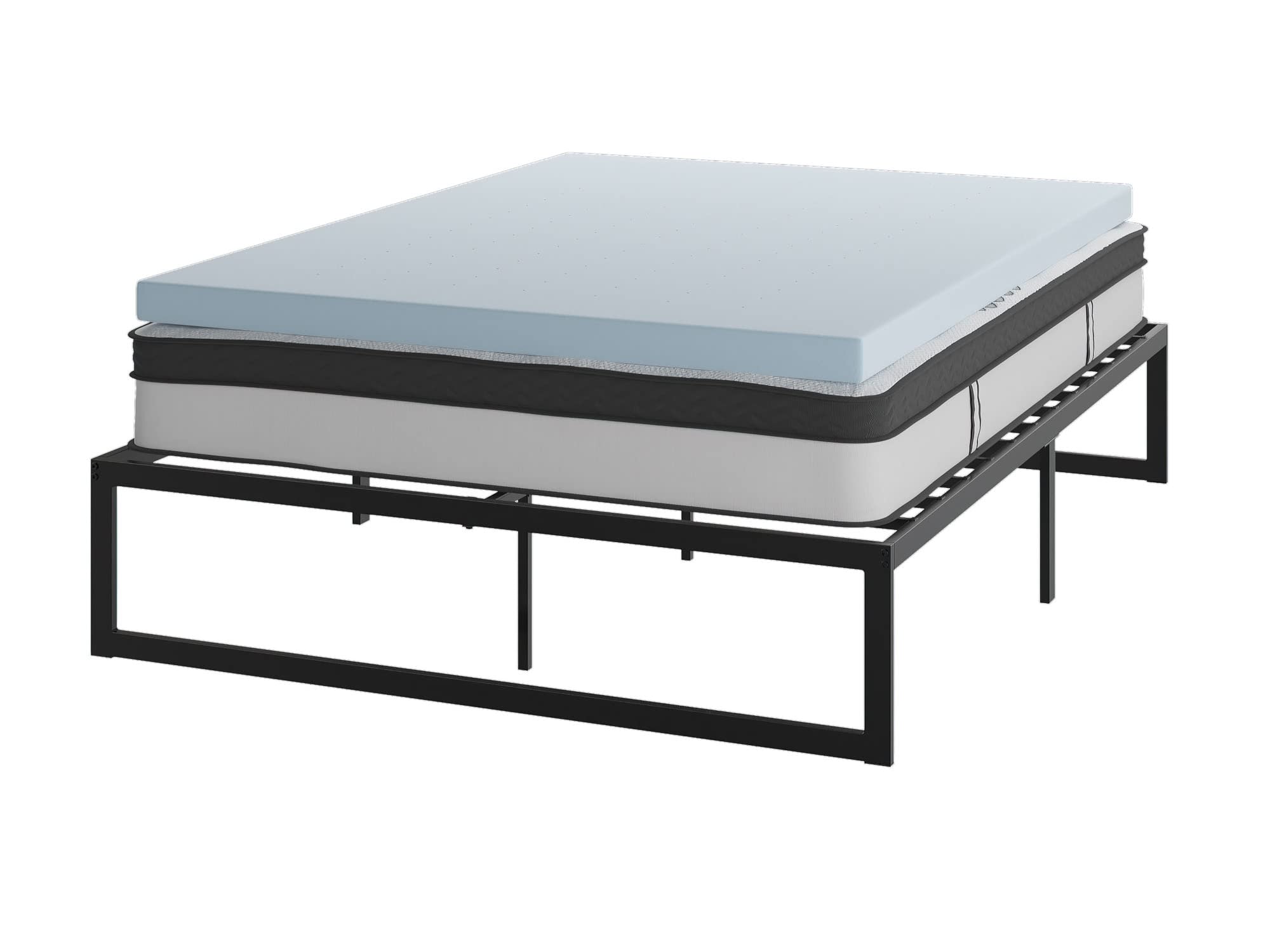 Flash Furniture 14 Inch Metal Platform Bed Frames/Mattress/Topper Set, Queen, Black